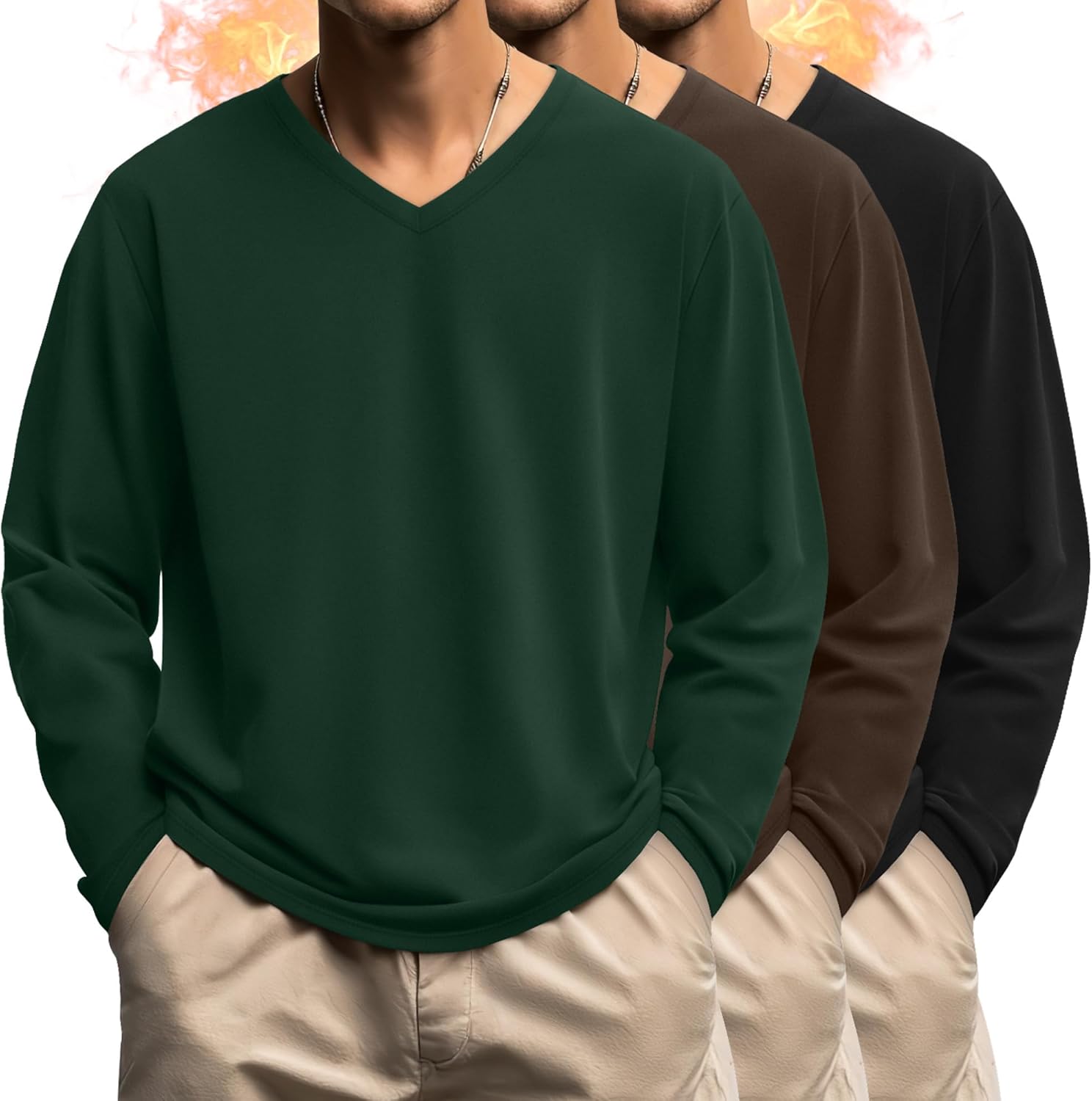 3 Pack Men's Big and Tall Shirts Thermal Fleece Lined Long Sleeve Tops V Neck Sweatshirts Base Layer Tees Winter