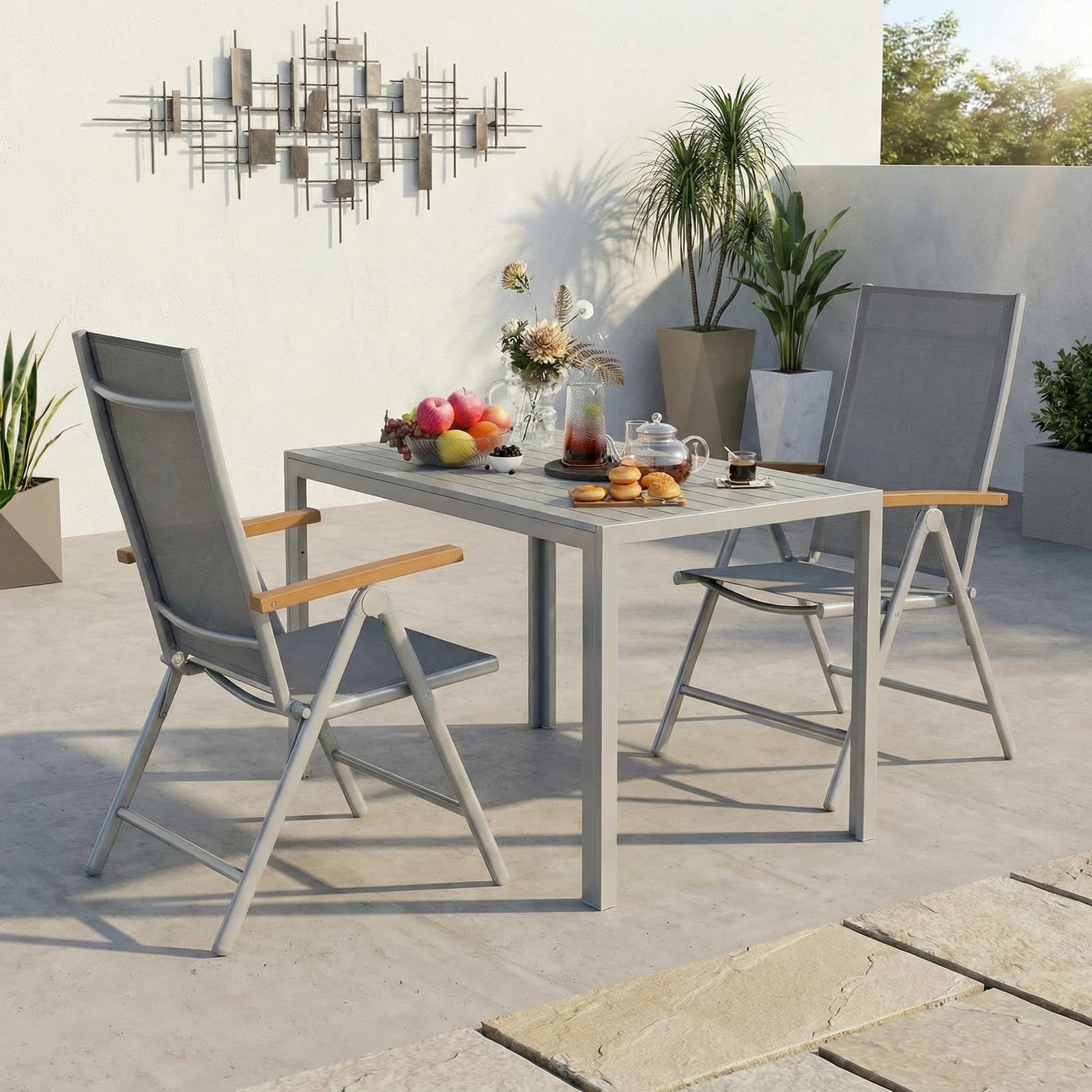 LIFERUN Juego de Muebles de Jardín 3 Piezas Aluminio, Mesa WPC 110x70 cm + 2 Sillas Plegables con Respaldo Alto, Muebles de Exterior Resistentes a la Intemperie para Terraza y Balcón,Gris Completo