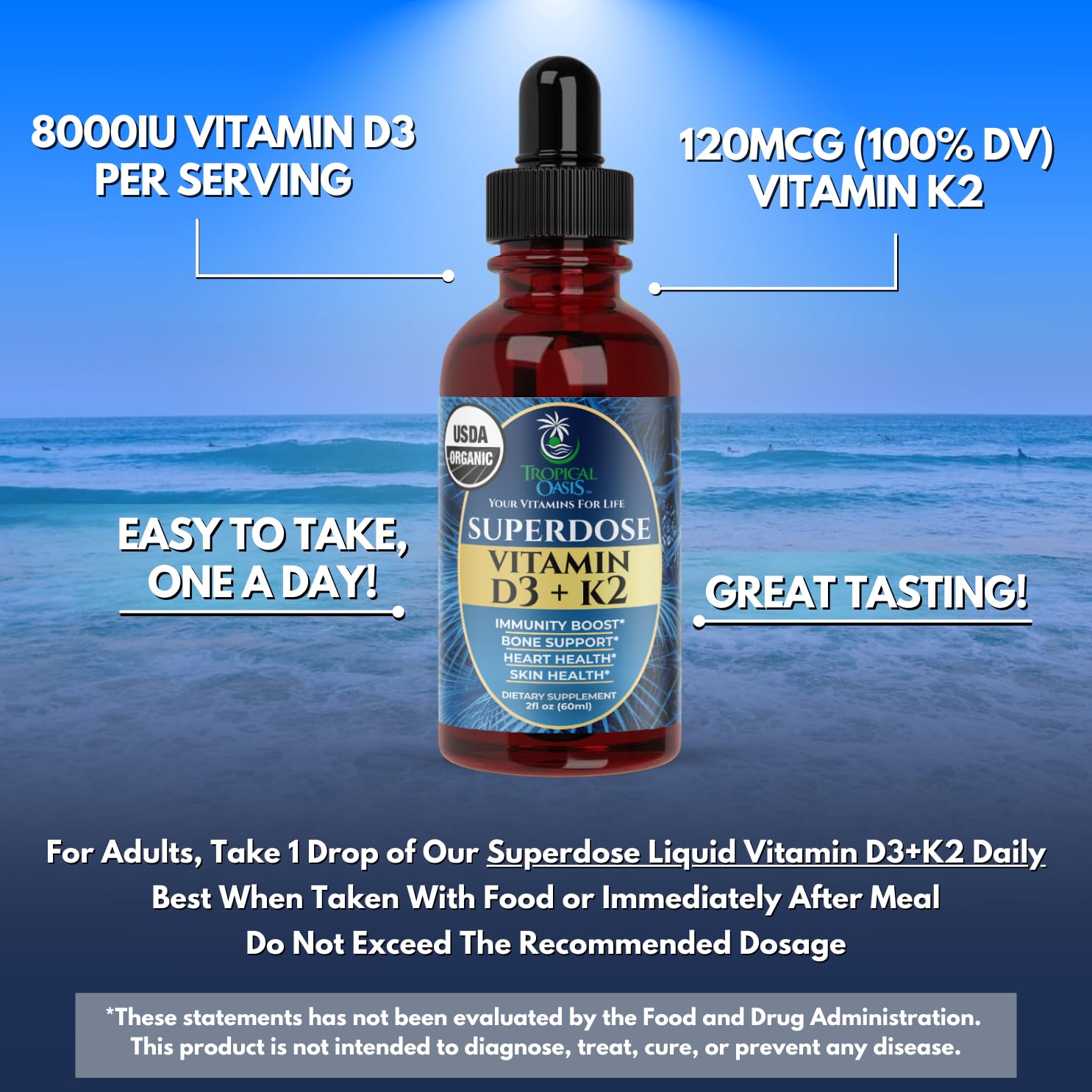 USDA Organic Liquid Vitamin D3 K2 Drops for Adults | Superdose 8000IU Pure Vitamin D3 | 60 Serv | Vitamin D K2 Supplement for Immune Support & Bone Health | 98% Absorption | Vegan, Non-GMO | 2 Fl Oz — Amazon image 4