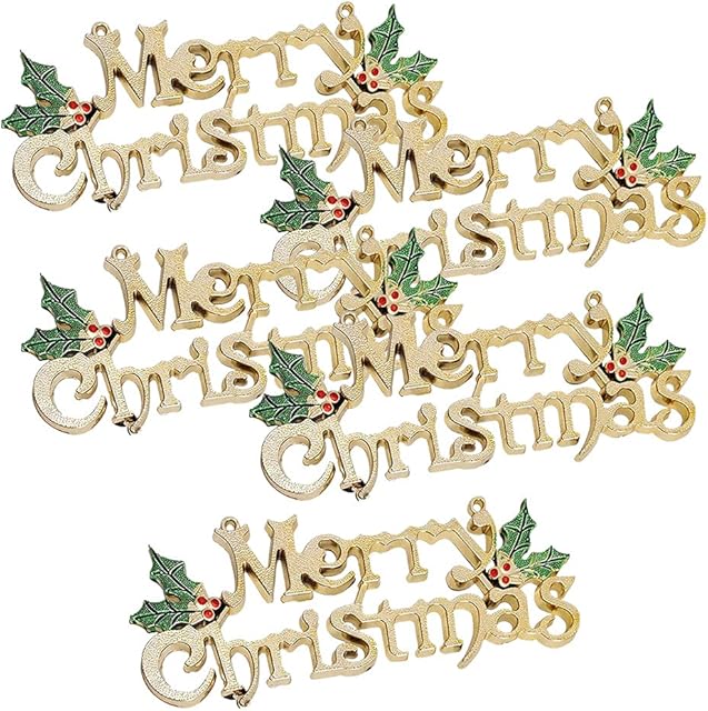 5 PCS Christmas Holiday Gold Merry Christmas Hanging Sign Glittery Merry Christmas Ornaments for Christmas Tree Wreath Wall Doors and Windows Decorations Accessories