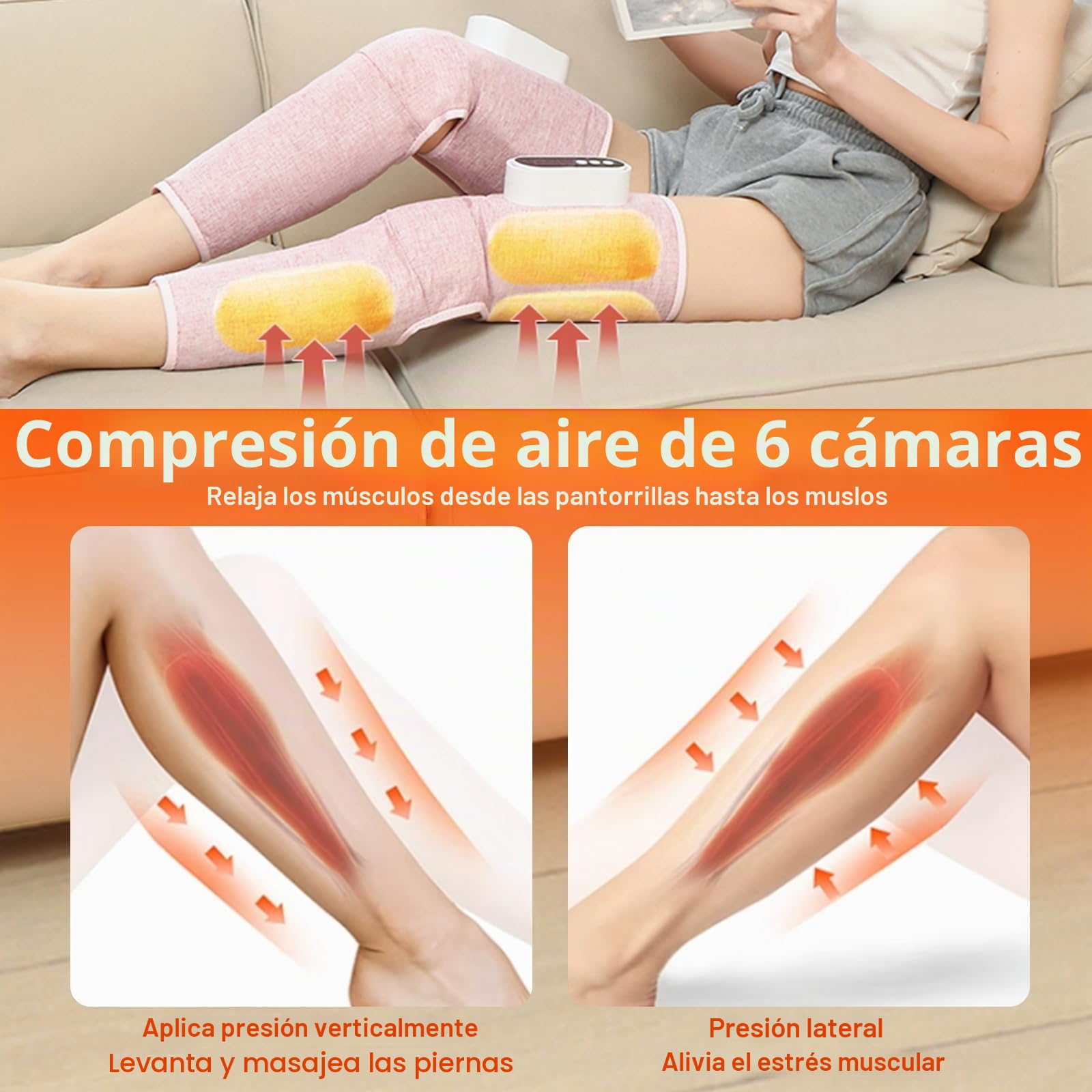 Masaje de Piernas Presoterapia, Masajeador de piernas con masajeador de pantorrillas térmico,3 Modos 3 Intensidades,Alivia Piernas Cansadas, Relaja y Mejora la Circulación,Ajustable （Pink Single）