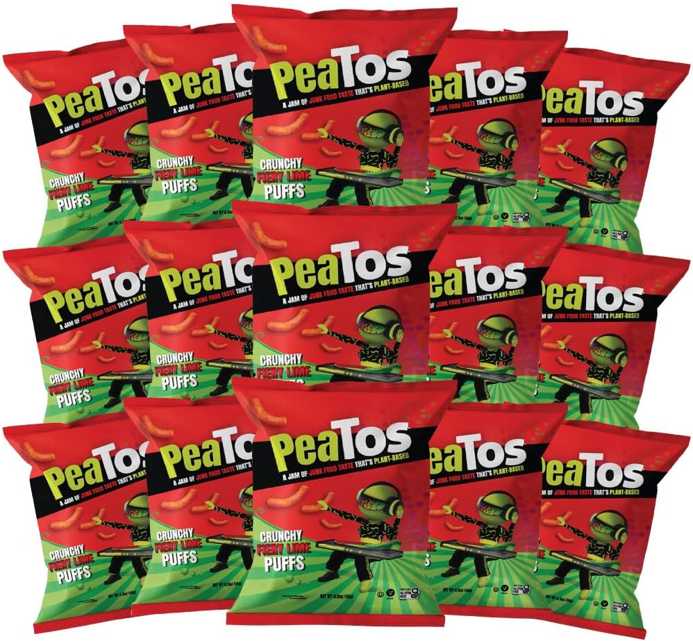 PeaTosCrunchy Fiery Lime Puffs Snacks: Plant-Based Snack with Powerful Peas: Gluten-Free, Vegan, and Dairy-Free Snacks 0.5 Ounce Pack of 15