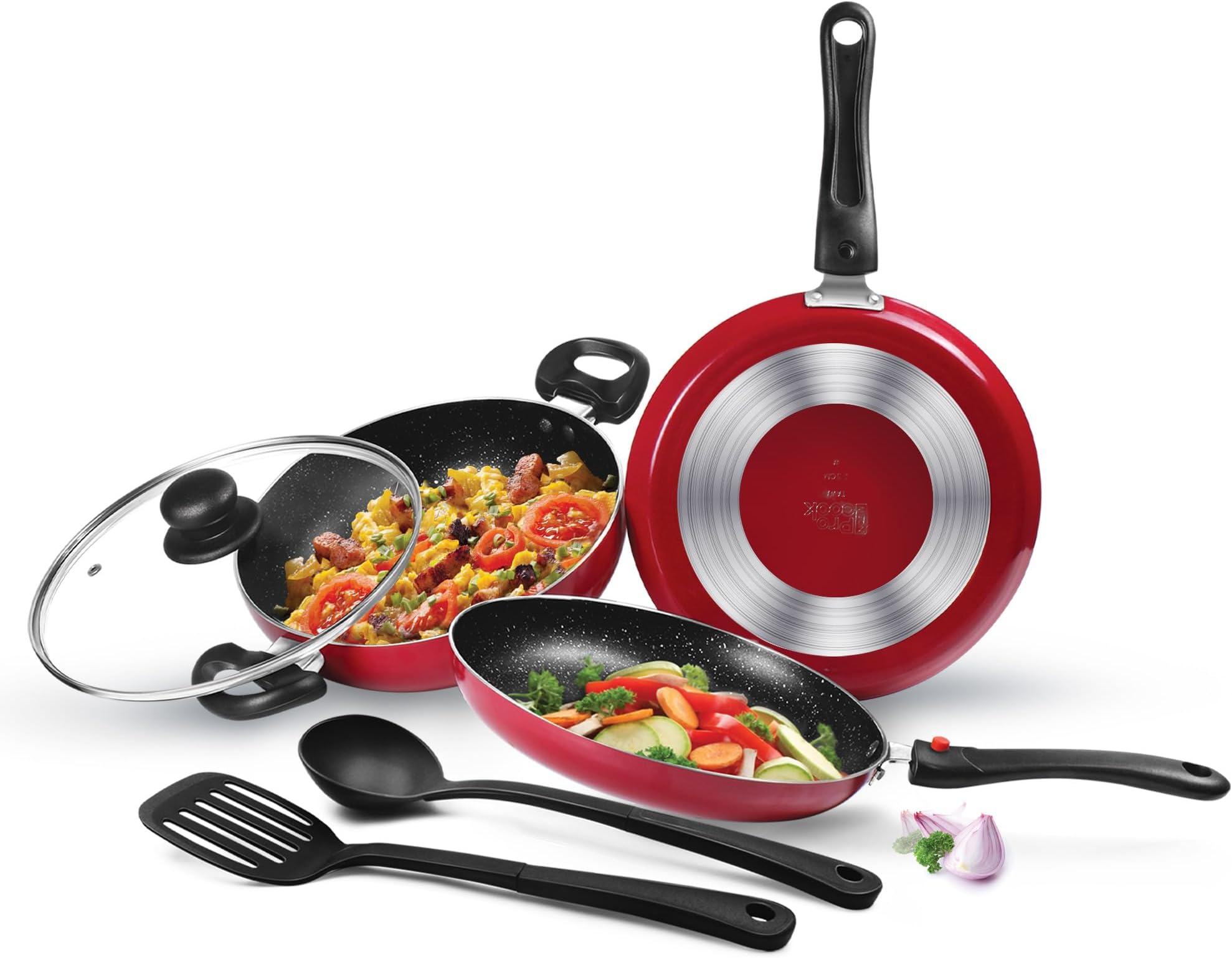 Kitchen Pride Set of 5 Non Stick Cookware | Non Induction I Cooking Pan, Kadhai with Lid, Tawa, Nylon Laddle & Spatula I Maroon