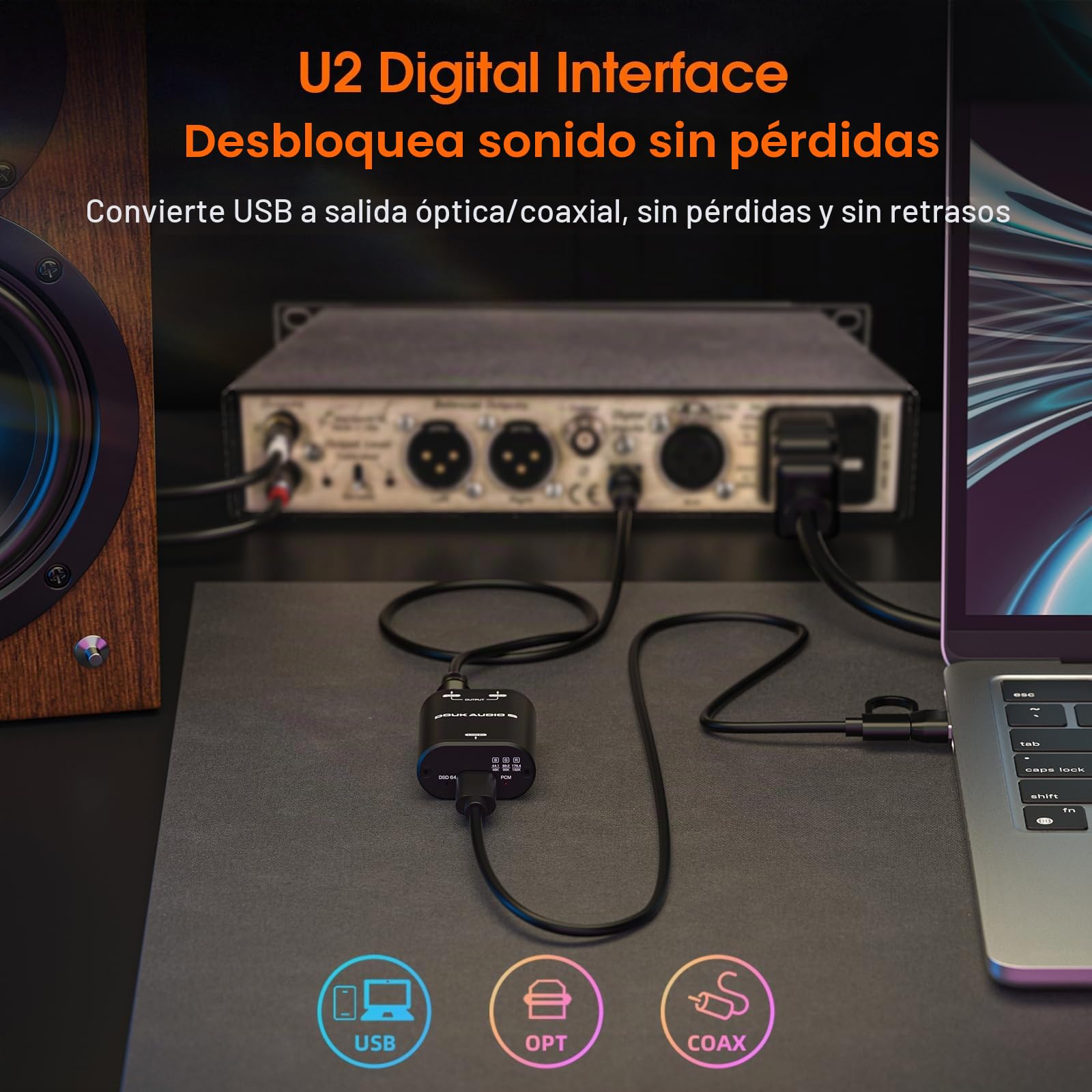 Douk Audio U2 - Convertidor USB XMOS XU208 Interfaz Digital TOSLINK Coaxial DOP SPDIF Adaptador DSD64 PCM192Khz (Negro)