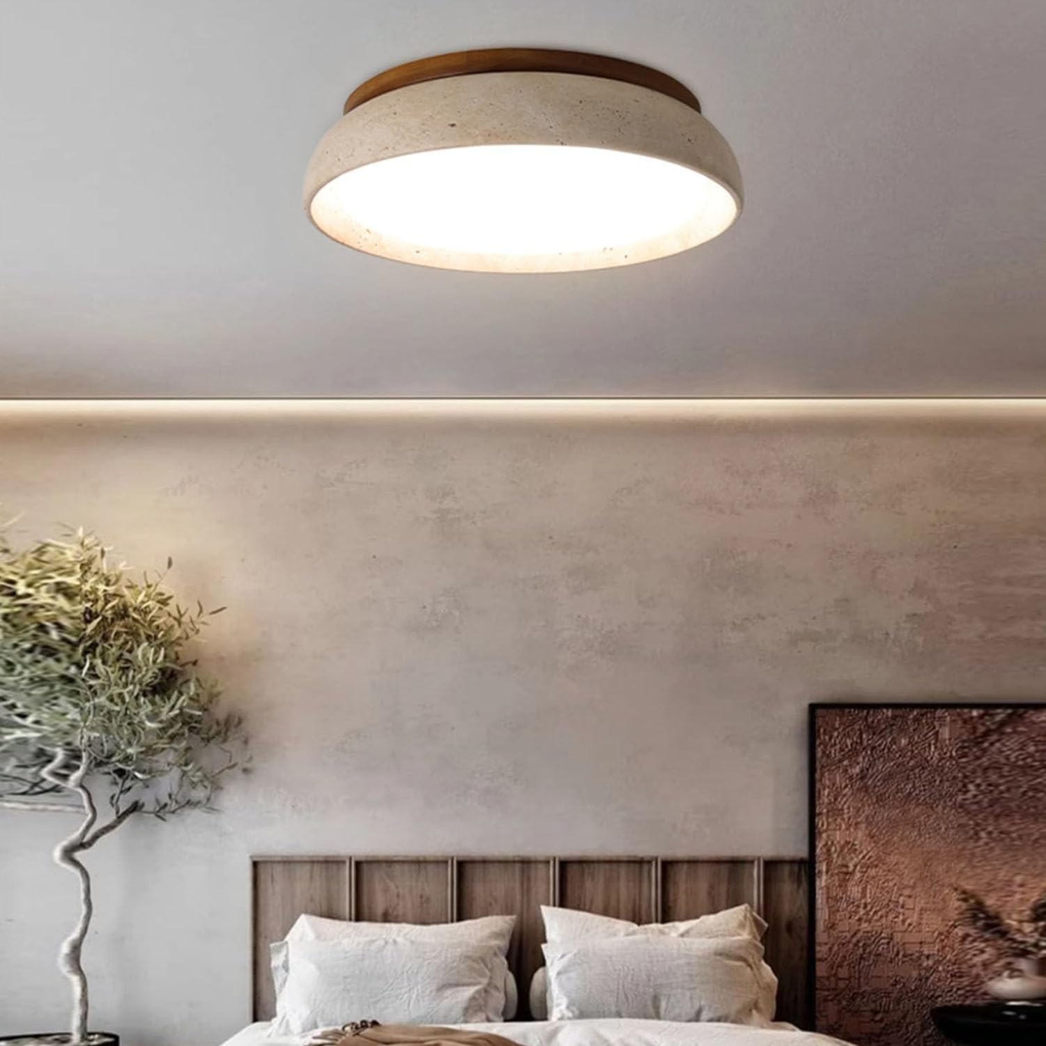 Plafón de Techo Travertino Natural – Lámpara LED de Luz Cálida Fija con Madera Maciza, Estilo Wabi Sabi Vintage para Salón, Dormitorio, Cocina, Luz cálida