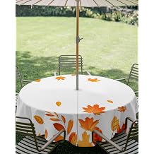 Orange Maple Leaves Fall Outdoor Tablecloth 54" Round Tablecloth with Umbrella Hole and Zipper Waterproof Polyester Fabric Table Cloth Thanksgiving Leaf Farmhouse Art Table Cover for Patio Picnic