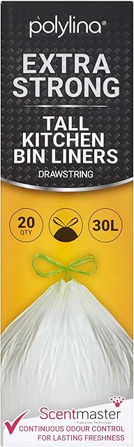 Polylina Premium Drawstring Tall Kitchen Bin Liners Scentmaster, PE, White, 30 Litre