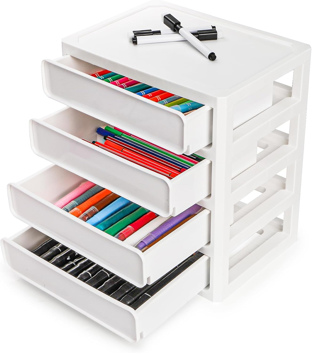 4 Drawer Desktop Organizer, Plastic Tabletop Storage Box with Sliding Drawers, Small Storage Bin for Desk, Countertop, Shelf, Makeup, Stationery, Art Crafts, Home Office Bathroom