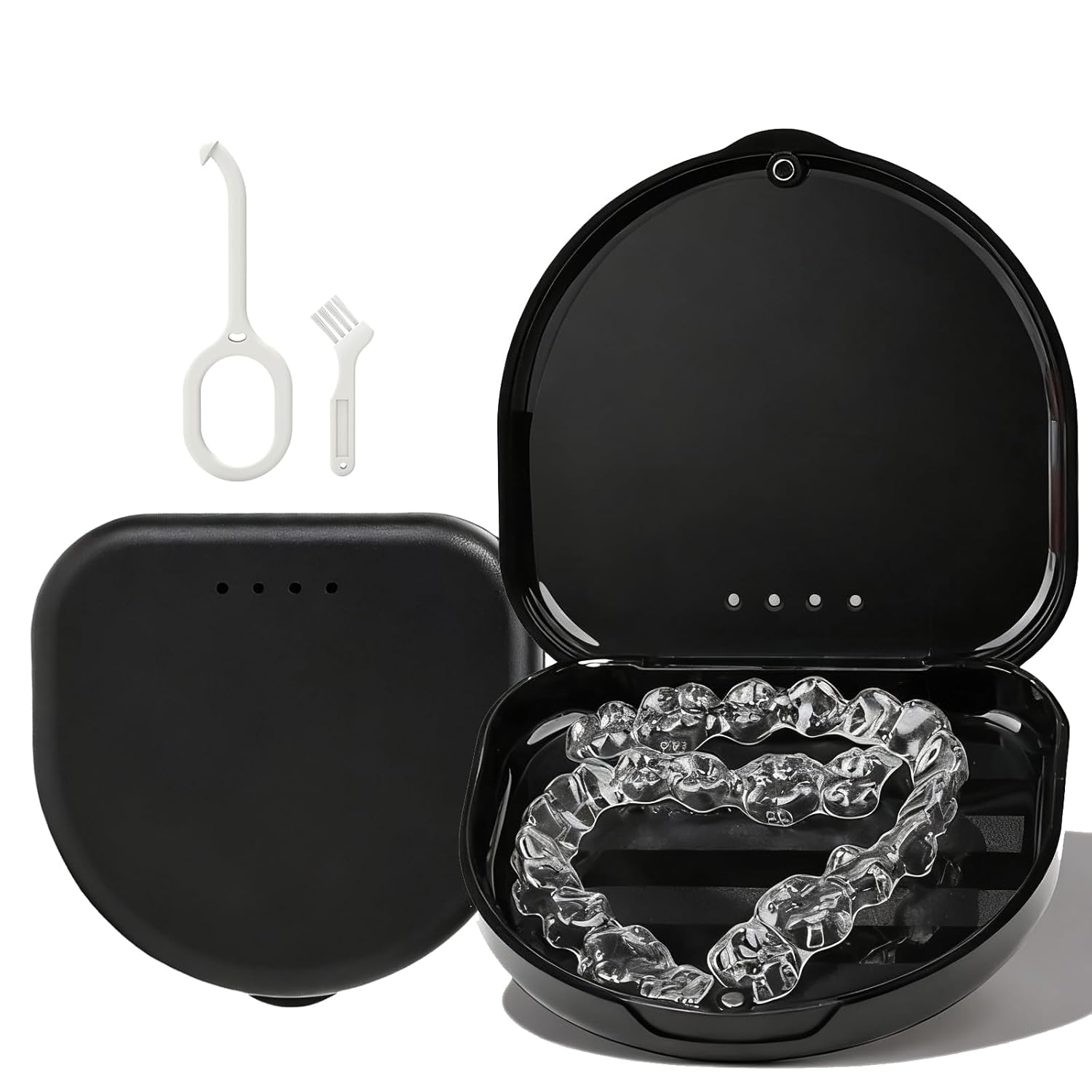 Retainer Case, Compatible with Invisalign, Vivera, Slim Aligner Case with Vent Holes, Portable Orthodontic Container with Removal Tool, Brush and Lanyard, Black