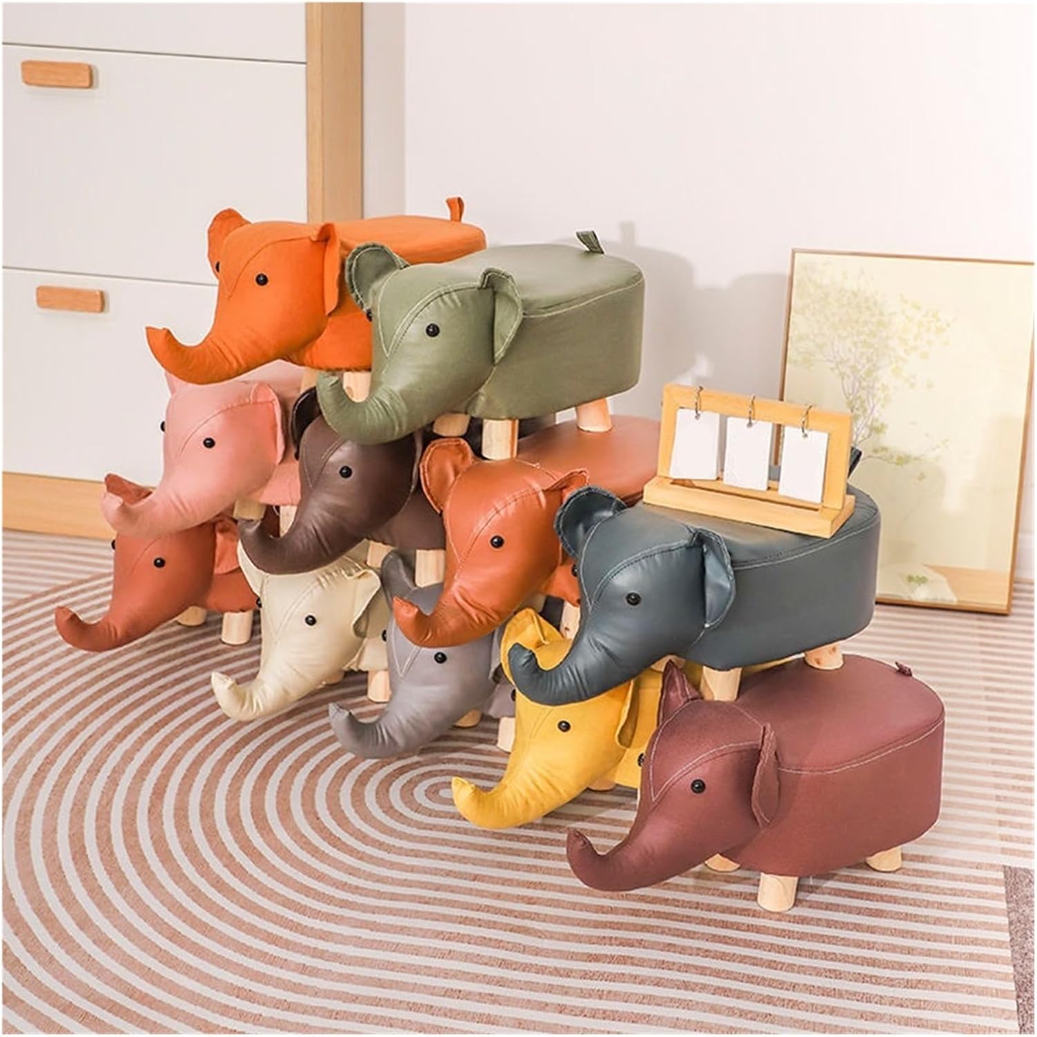Elephant Animal Stool Creative Solid Wood Cartoon Ornament(Blue Lamb)