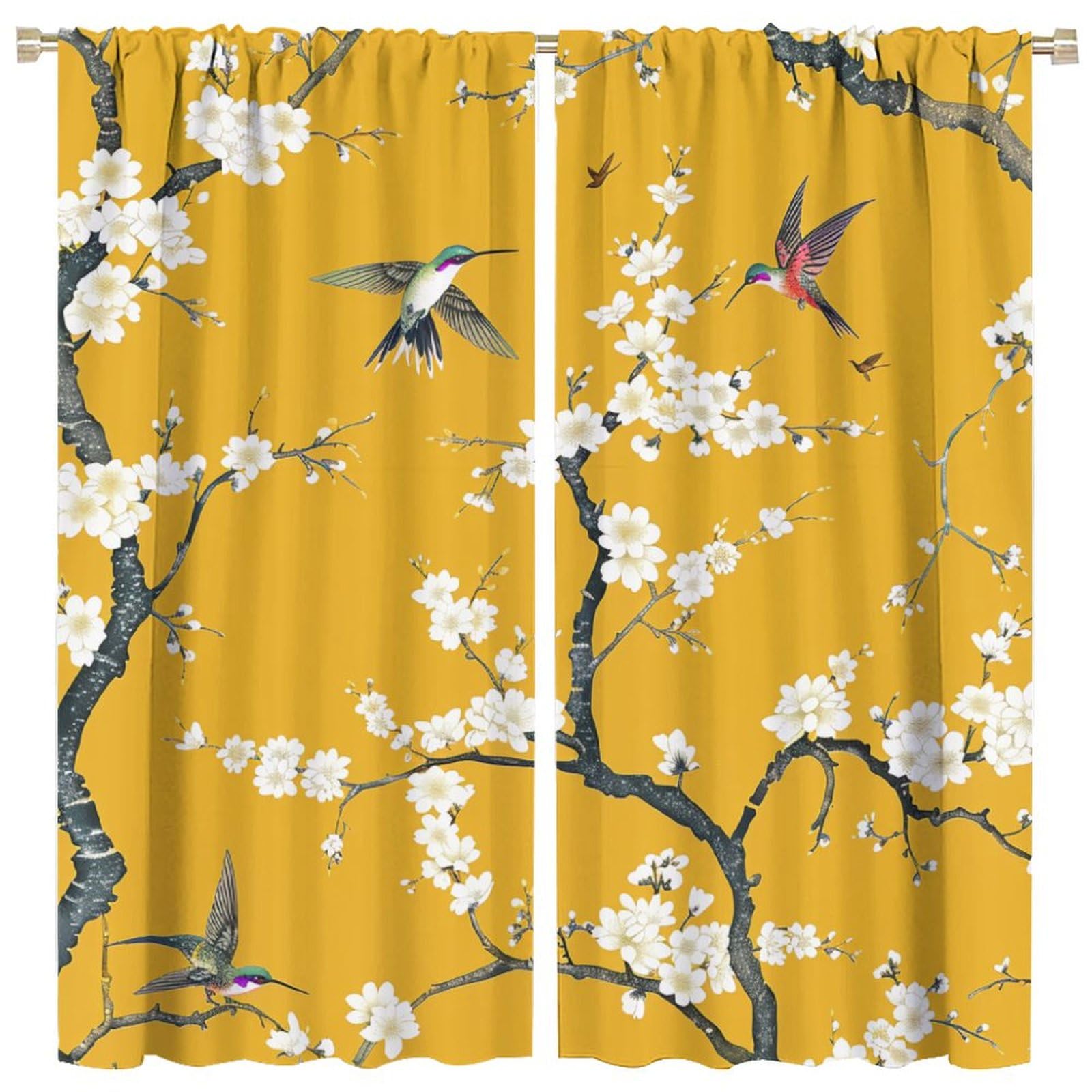 TOWINSFB Classic Tree Floral Bird Blackout Curtains for Bedroom Living Room, Asian Flower Plant Hummingbird Curtains Rod Pocket Thermal Insulated