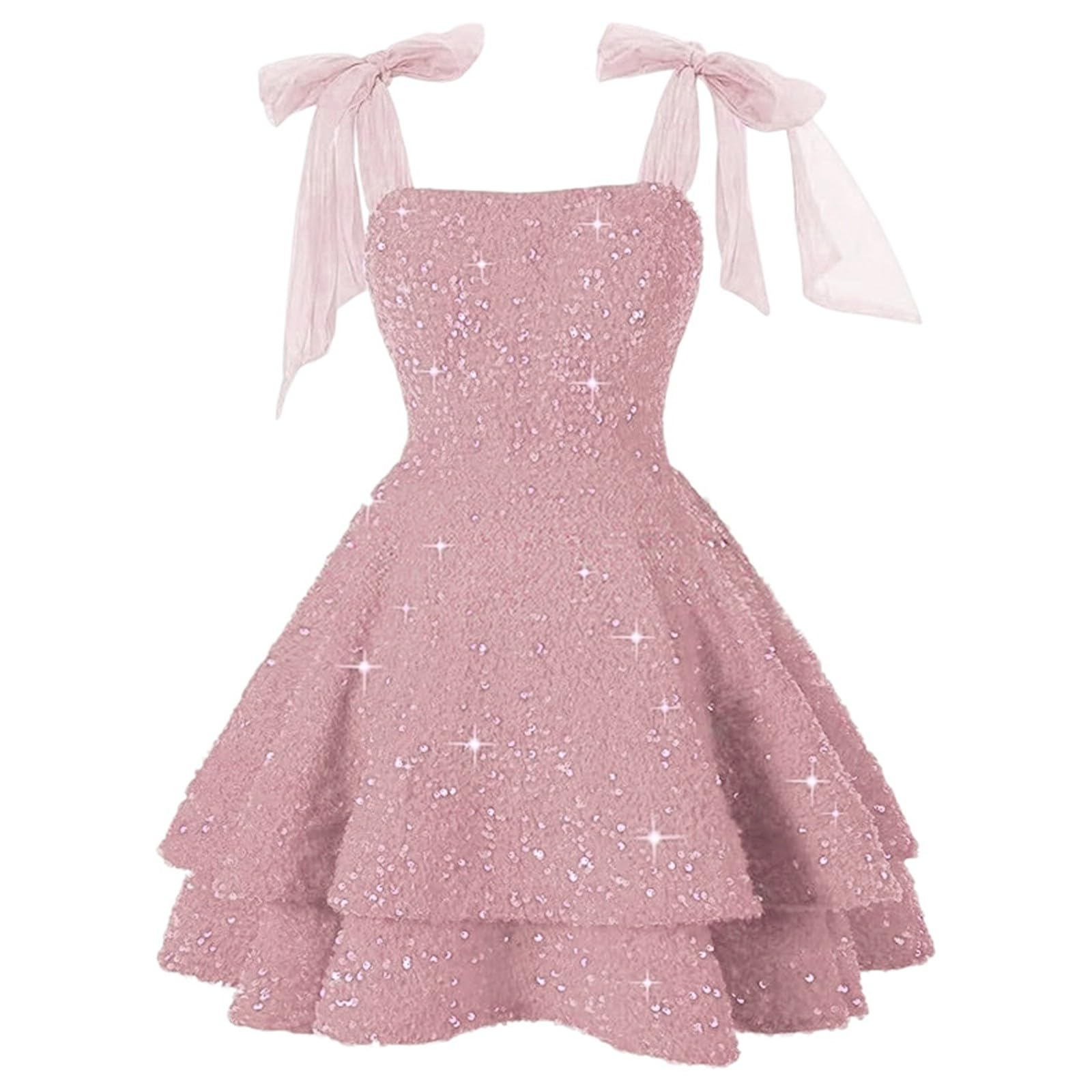 Generisch Vestito da donna con paillettes, abito da cocktail corto, abito da sera con spalline sottili, mini abito con fiocco, elegante, a maniche lunghe, abito premaman con spalline, abito da festa