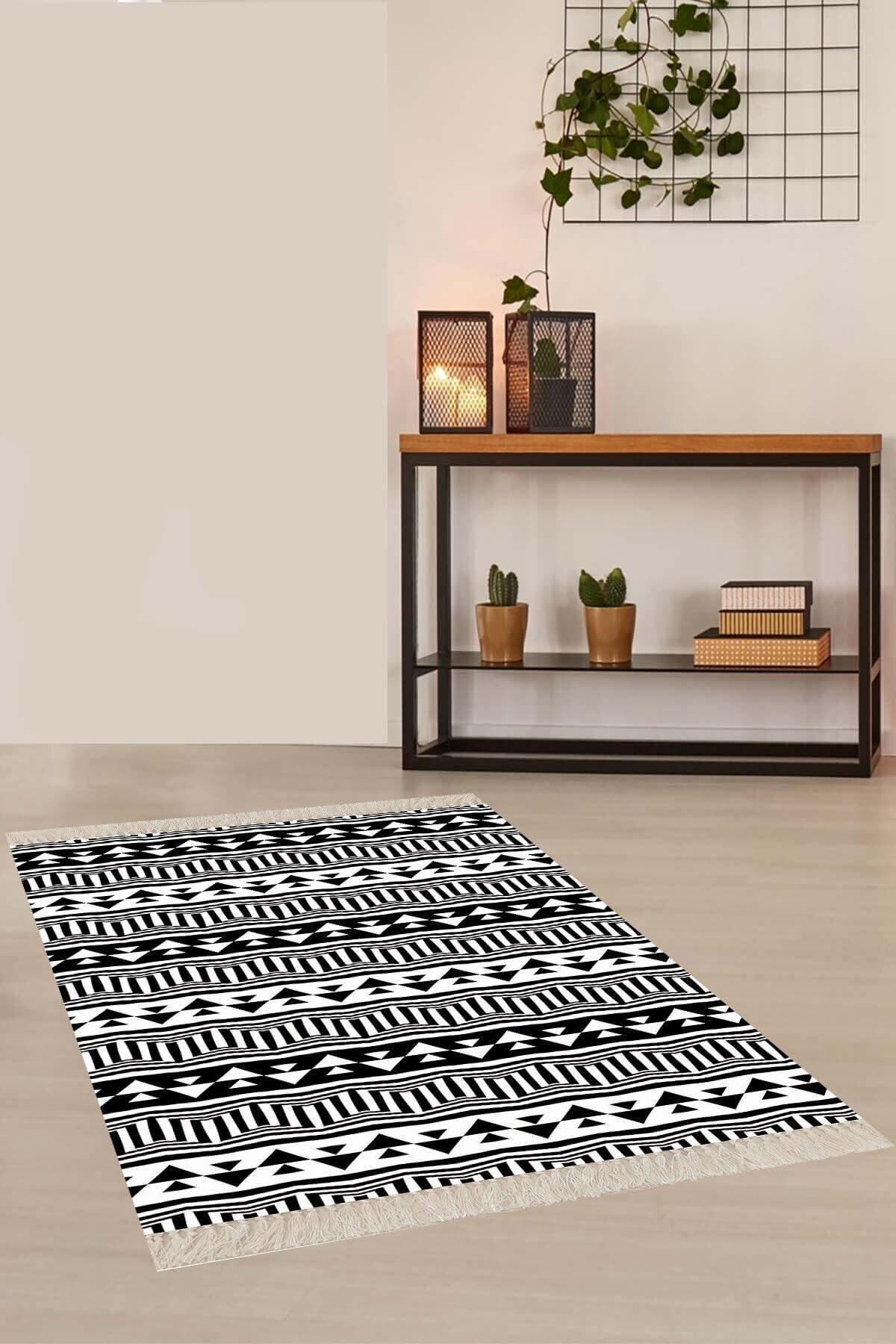 Pelangi Geometrik Desenli Siyah Beyaz Dijital Baskı Yıkanabilir Kaymaz Taban Salon Halısı Ve Yolluk, Siyah-Beyaz 100 x 100