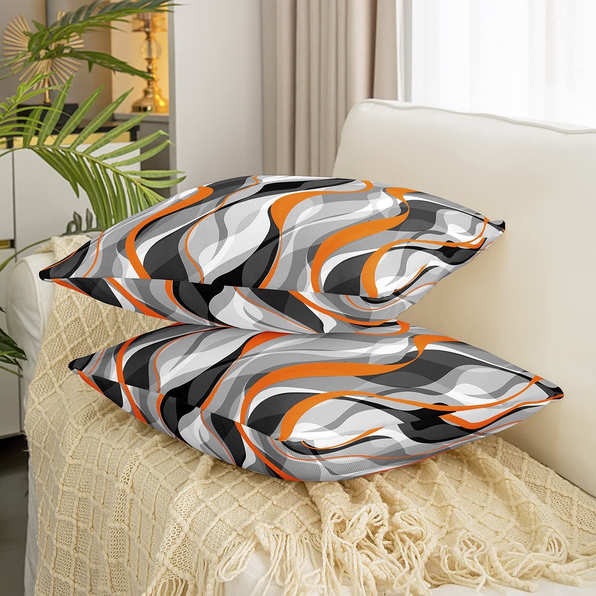 Loussiesd Orange Grey Black Stripes Reversible Throw Pillow Covers Kids Geometric Pillow Covers Home Decor for Square Cushion Covers Set of 2 Modern Striped Art Abstract Art 24x24 Inch - Image 3