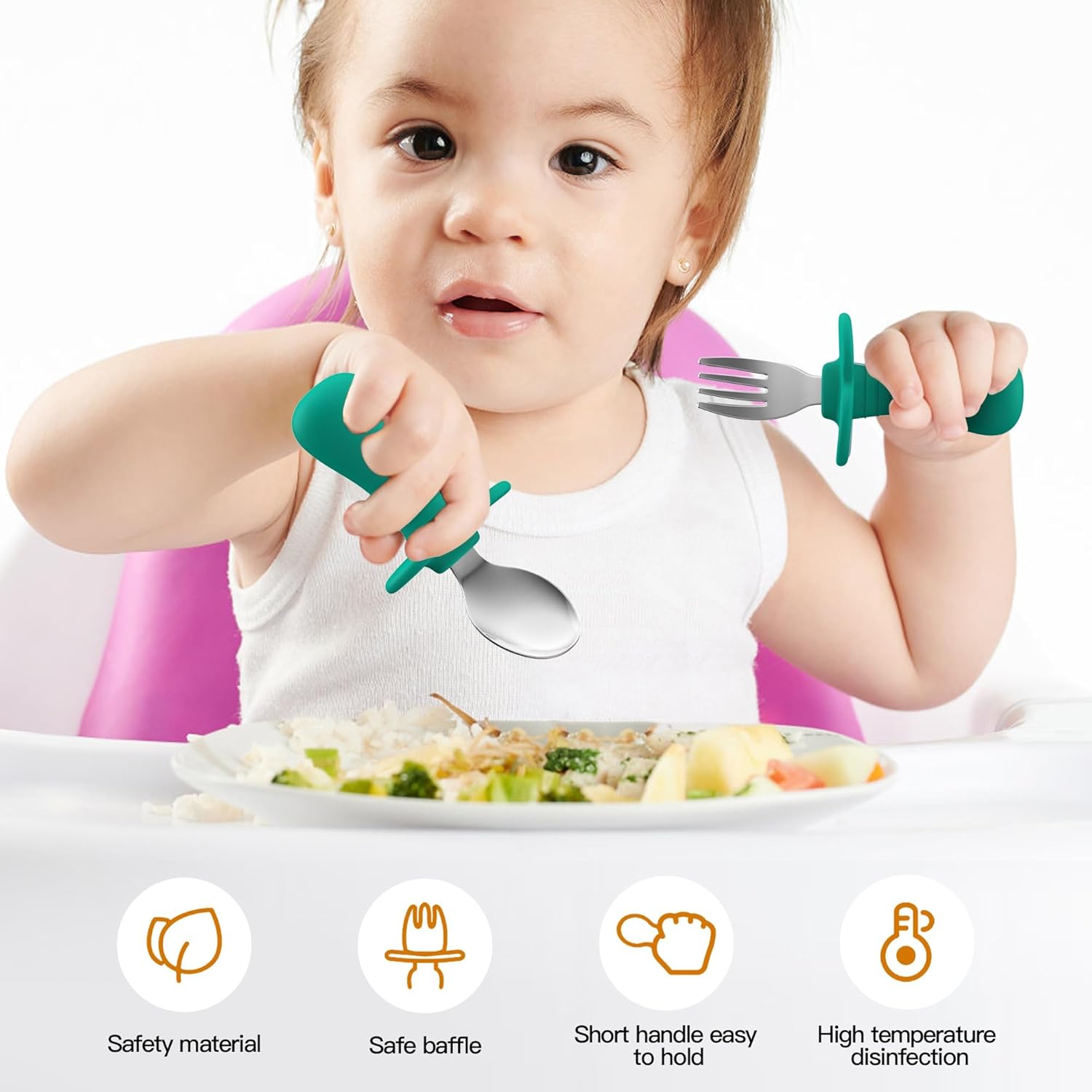 Toddler Spoons and Forks Set, Kids Sierware Set with Silicone Handle,