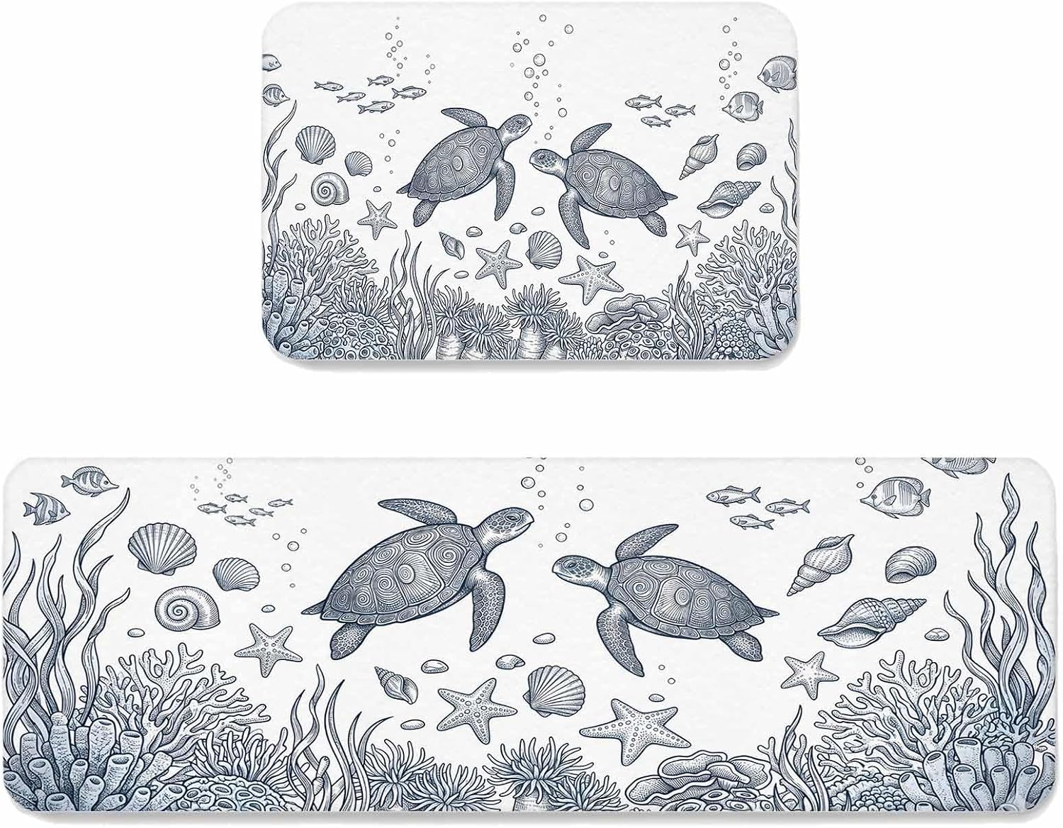 Sea Turtle Kitchen Mat Set 2 Pieces Vintage Nautical Ocean Fish Coral Seashell Starfish Conch Non Slip Kitchen Rugs Washable Runner Rug Mats for Floor Sink Laundry Office 23.6" x 35.4"+23.6" x 70.9"