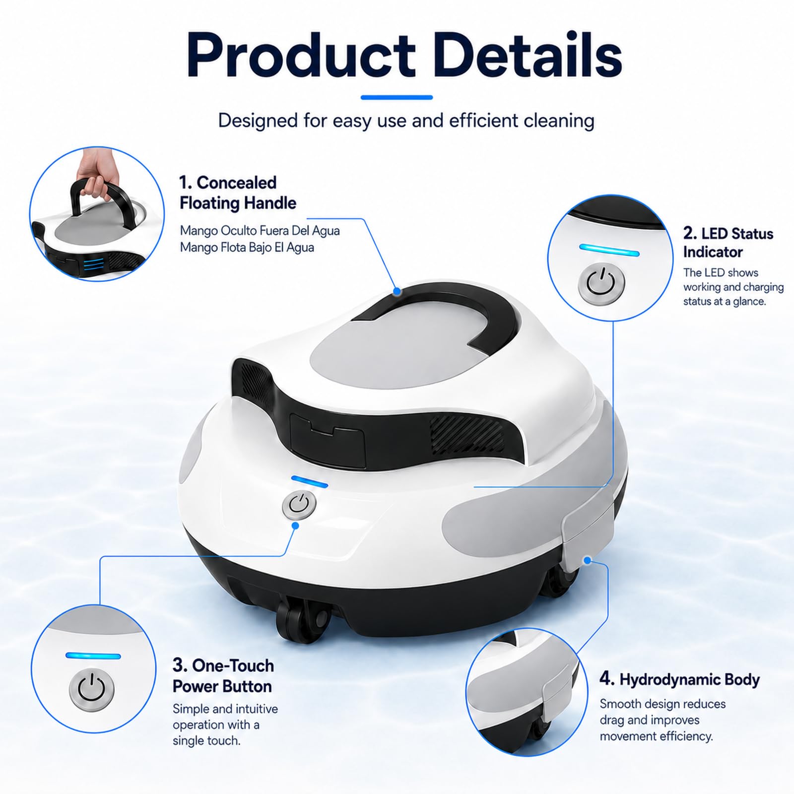 Robot Aspirador Para Piscinas Elevadas – Batería 5000mAh, Autonomía 100min | Limpiafondos Automático Sin Cable, Filtro 180μm Reutilizable, Succión 42L/min, Mango Flotante
