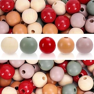 Whaline 240Pcs Christmas Wooden Beads Vintage Red Green Beige Round Loose Bead Multi-Color Craft Beads for Xmas Holiday Tree Decor Garland Bracelet Pen DIY Making