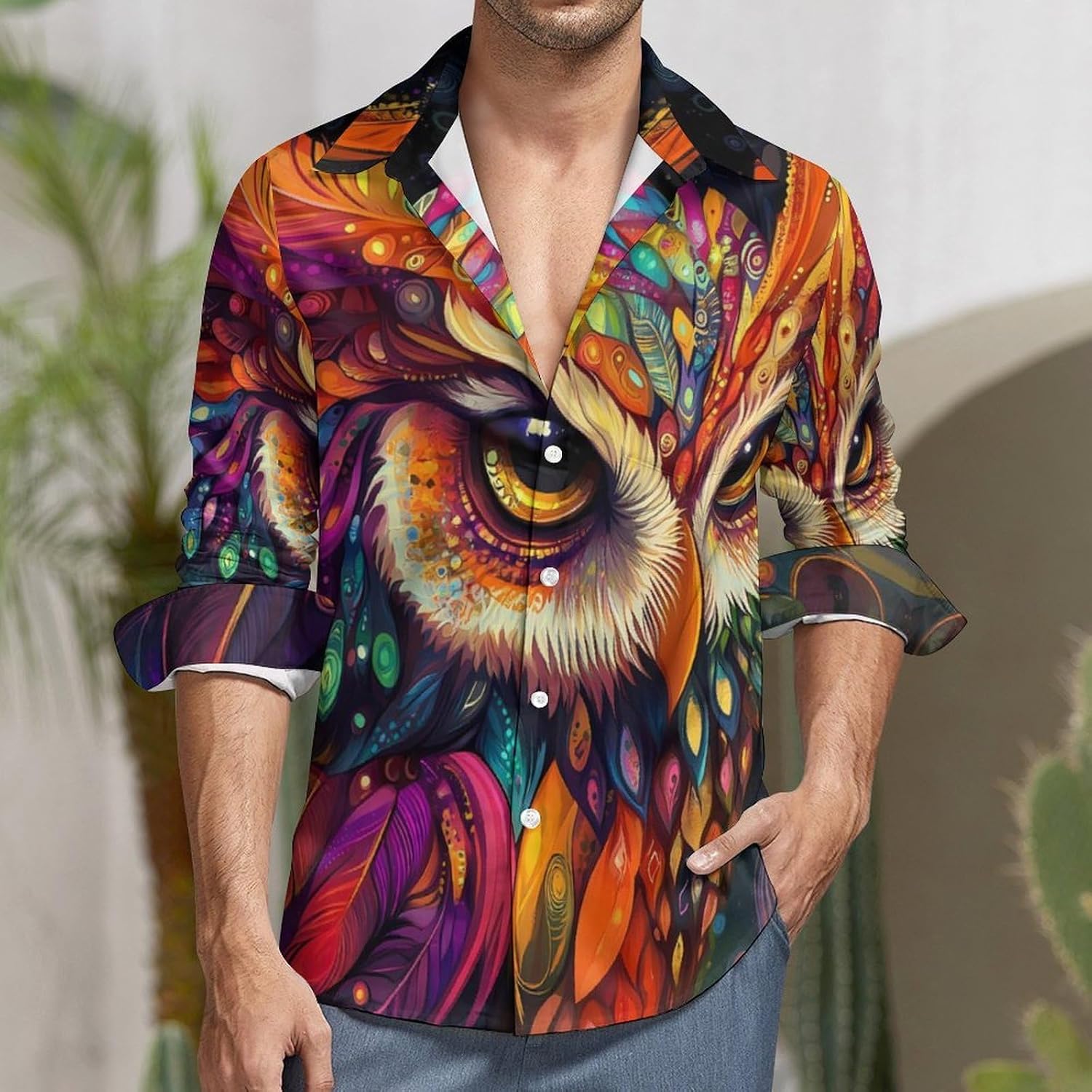 Colorful Owl Long Sleeve Shirts Casual Dress Shirt Button-down T-shirts for Men