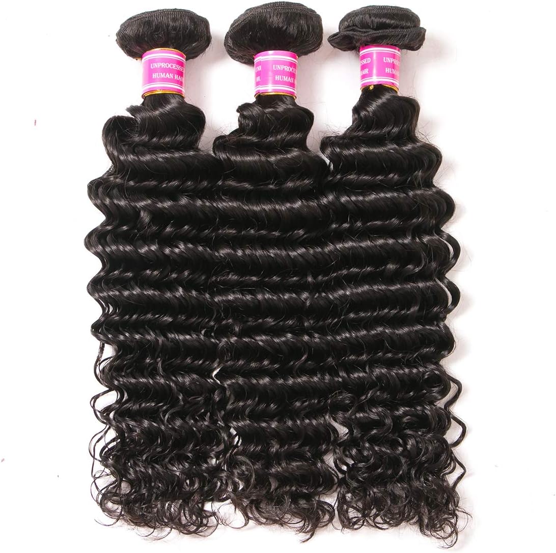 VRBest Brazilian Deep Wave 3 Bundles 100% Unprocessed Virgin Brazilian Hair Bundles Deep Curly Human Hair Extensions Natural Color 100g/Bundle (12 14 16)