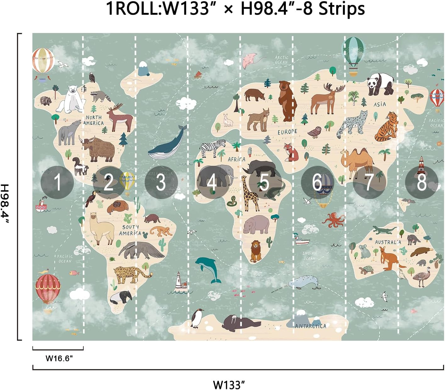 Whimsical Cartoon Animals Map Wall Mural 133" W x 98" H Peel and Stick Green World Map of Animals Wallpaper Mural Kids Room Modern Educational Wall Art for Nursery Classroom Kindergarten
