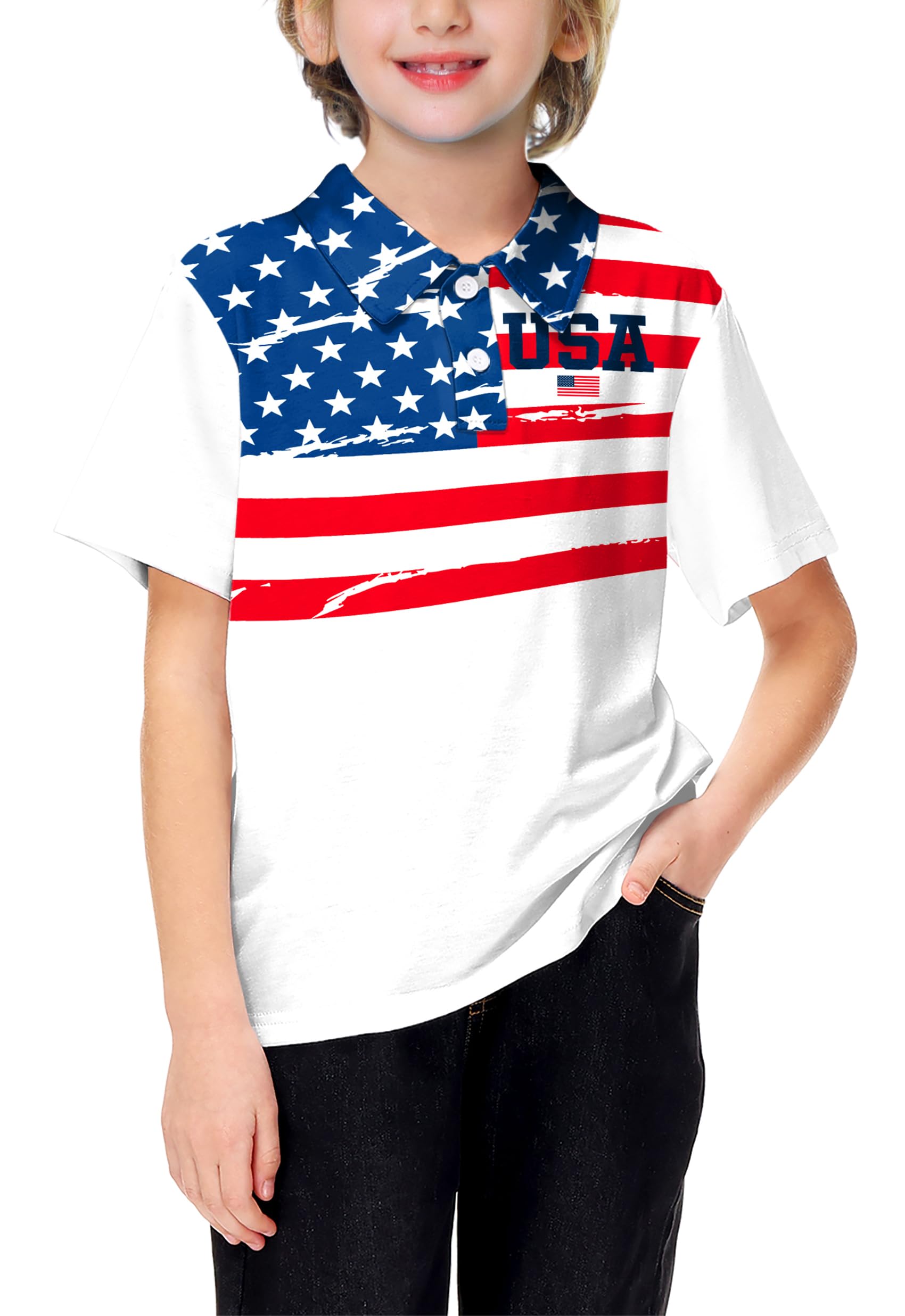 AOBUTE Kids 4th of July Polo American Flag Short Sleeve Button Down Shirts Tops 3-14 Years