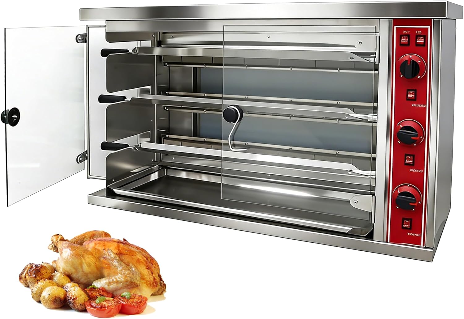 Gas Rotisserie Oven 3-Roll Gas Chicken Rotisserie Machine Stainless Steel Rotary Chicken Roaster Machine Commercial Automatic Rotary Roaster Oven, 110V