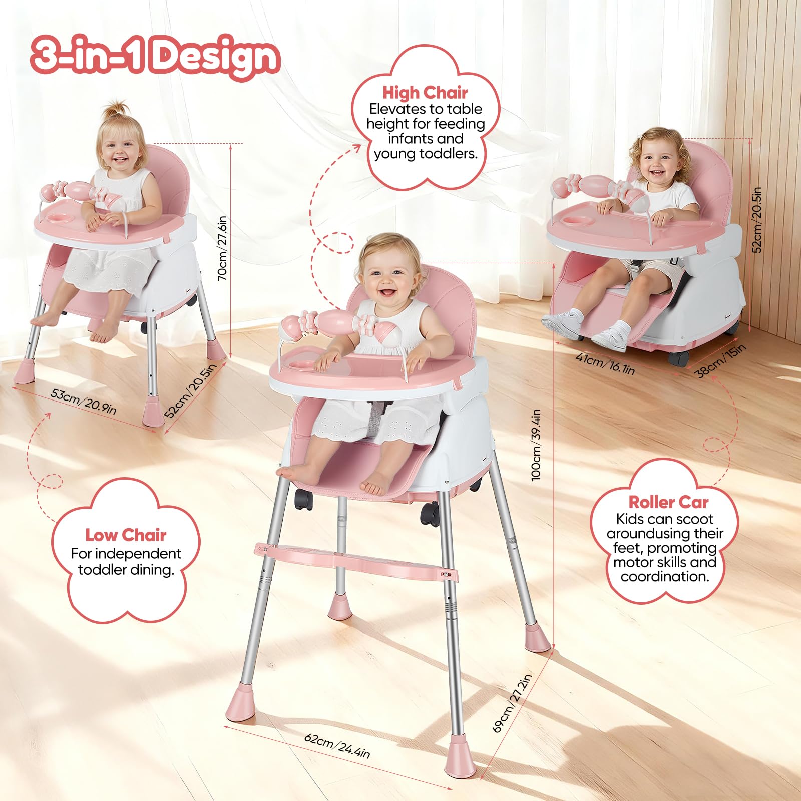 Trona 3 en 1 – Trona plegable para bebés con arnés de 5 puntos y bandeja extraíble; ajustable para niños de 6 meses a 5 años, soporta hasta 50 kg