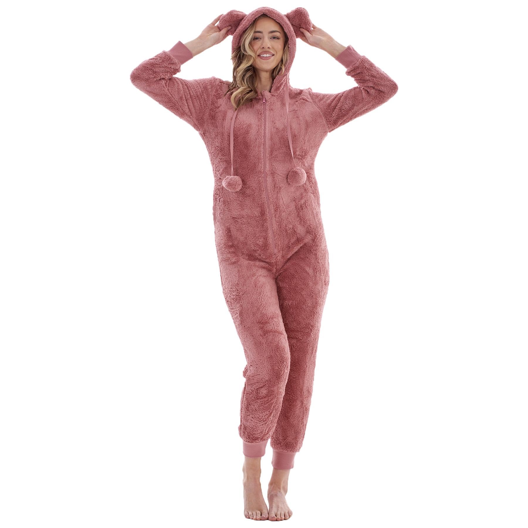 Keanu Womens Thick Snuggle Hooded Onesie - Luxury Warm Fleece Novelty Onesie with Pom Poms - Rose Gold, Snow Grey & Black - Sizes 8-20