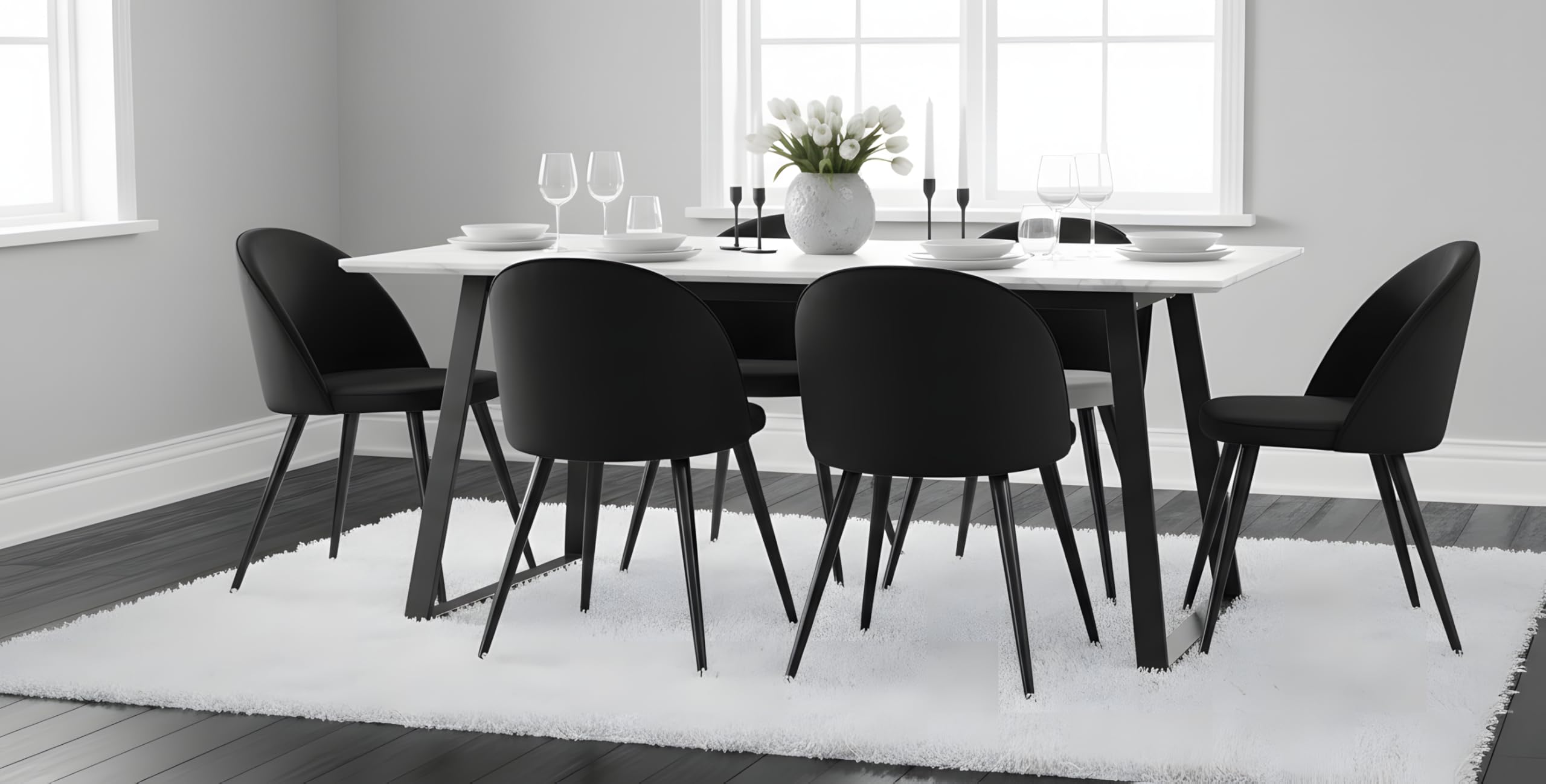 Essgruppe mit 6 Stühlen - Malaga Esstisch 90x200 cm Weiß mit 6 Skagen Stühlen Schwarz Velours skandinavisch Esszimmerset Tischgruppe 6 Personen Skandi Design Essbereich