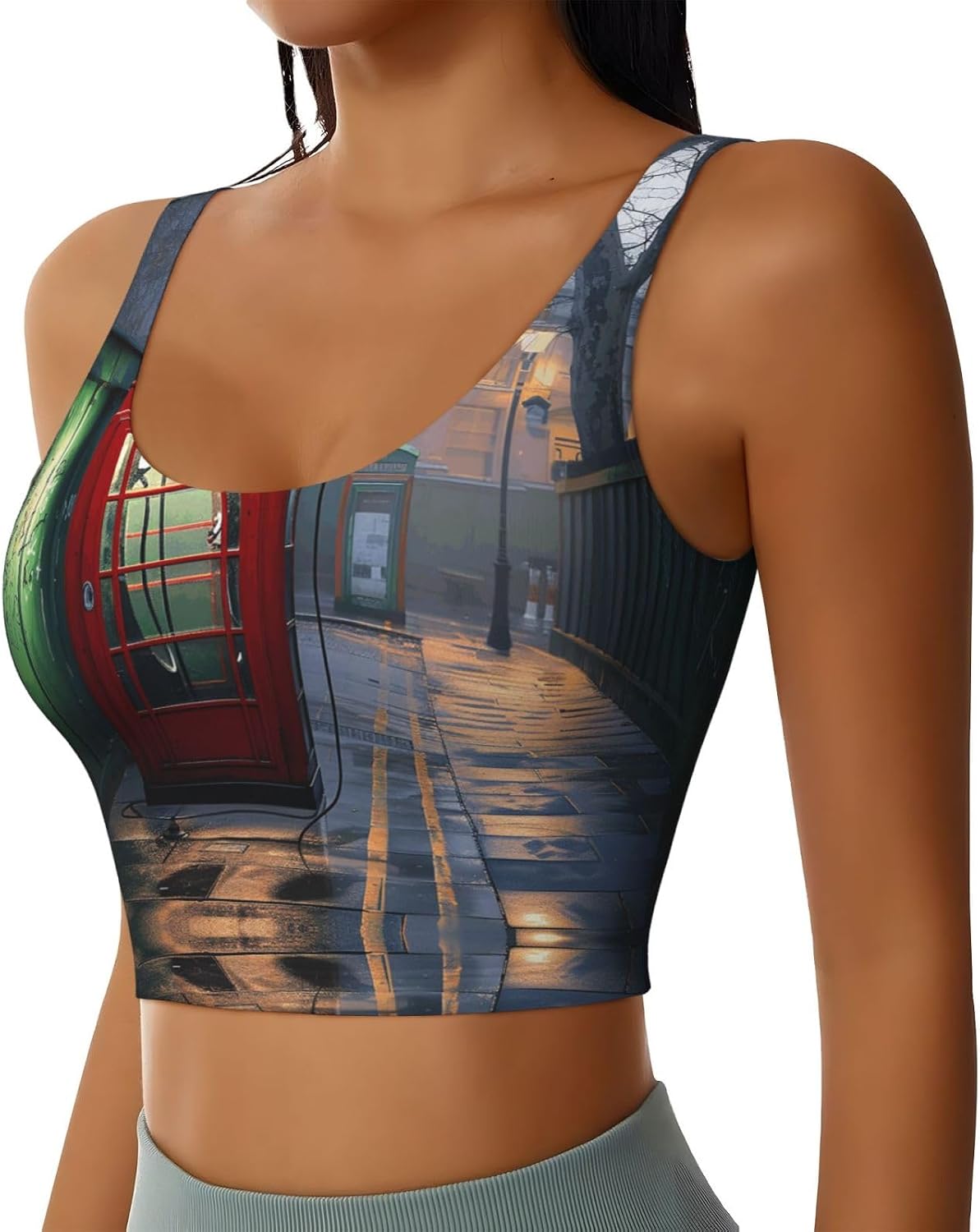 Red Telephone Booths on the Streets of London Women's Sports Bras - High Support Workout Tops for Women