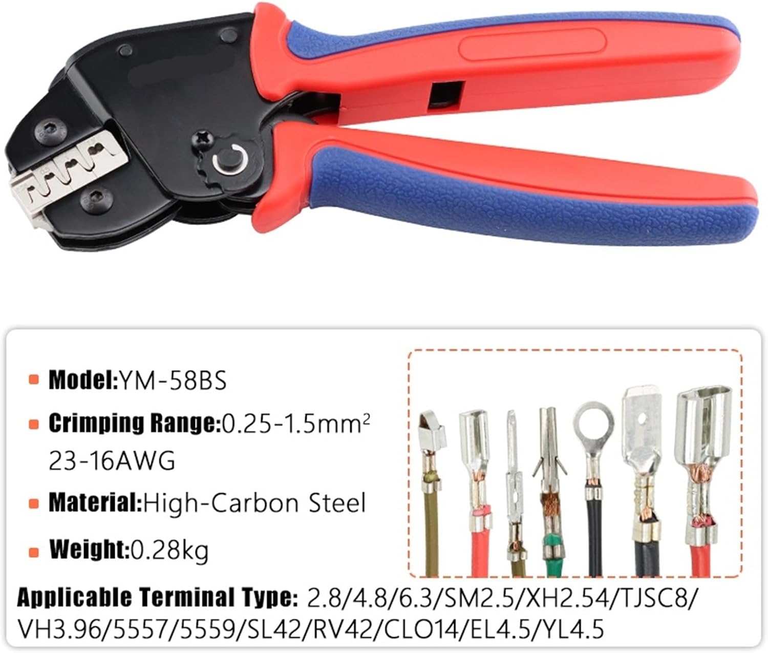 Mini Pliers YM-58BS Tools For XH2.54/2.54/2.8/4.8/6.3/Non-Insulated/Ferrule Tube Terminals Ratchet Wire Crimping Sets(YM-58BS 1JAW)