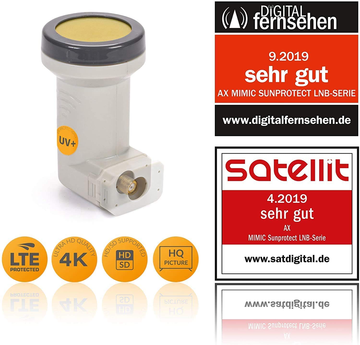 AX Mimic Sun Protect Digital Single LNB – 0,1 dB [test 2 x très bien] HDTV, 4 K, UHD, Full HD – Extrêmement résistant au froid et à la chaleur (-35 à 70 °C)