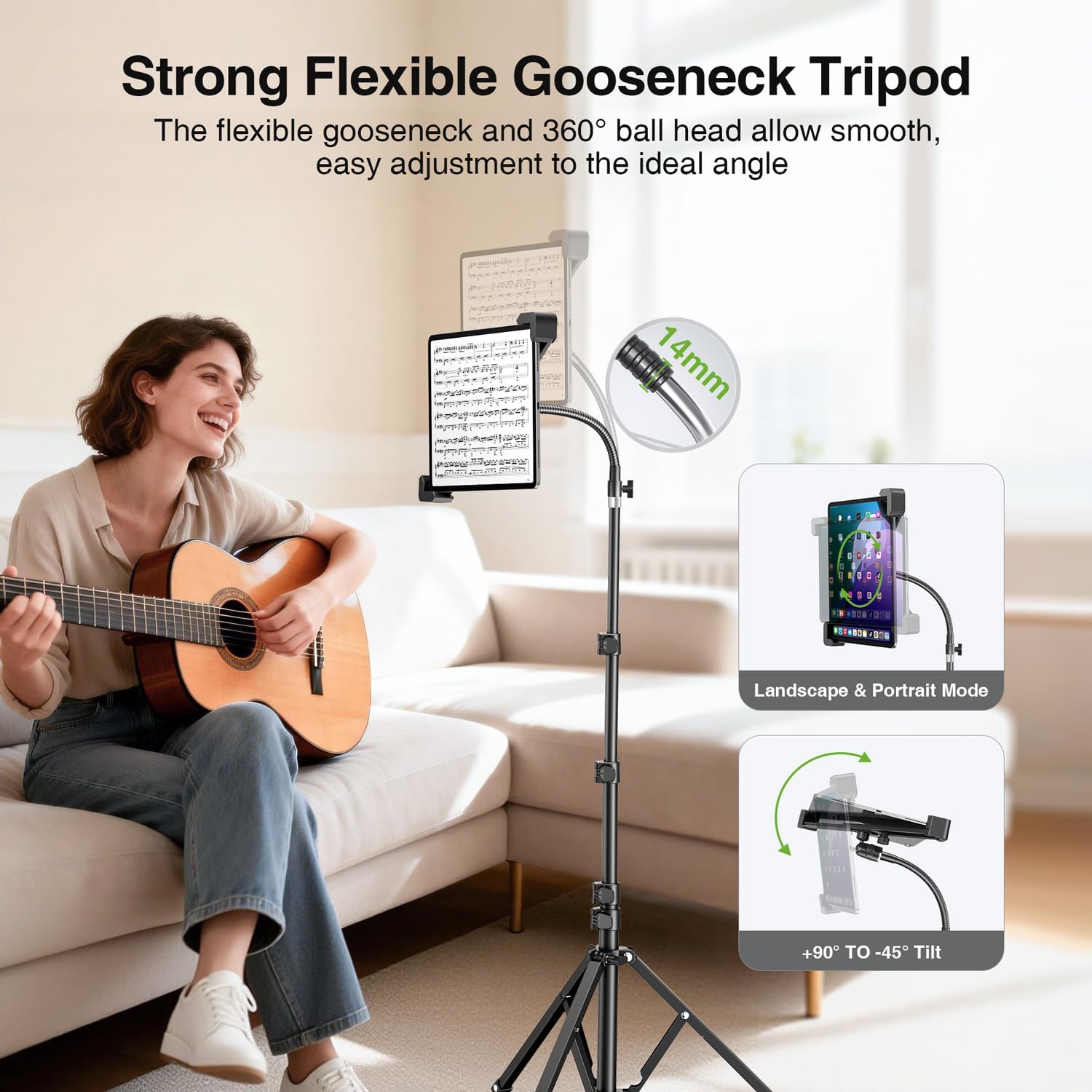 elitehood Aluminum Diagonal Design 72" iPad Tripod Floor Stand, Heavy Duty Adjustable Tablet Stand Holder, Flexible Gooseneck iPad Stand for Pro 13 12.9 11, Air, Samsung Tab and More 9-14.2" Devices