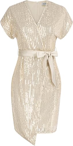 Miniatura 6 de JASAMBAC Vestido de lentejuelas para mujer, vestido de manga corta con purpurina brillante, cuello en V, vestido ajustado para fiesta de discoteca