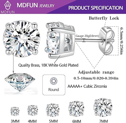 Miniatura 5 de MDFUN 5 Pairs Stud Earrings Sets 3-7MM 18K Gold Plated RoundCushionAsscherEmerald Cut Cubic Zirconia Earring Hypoallergenic Stud Earrings for Women