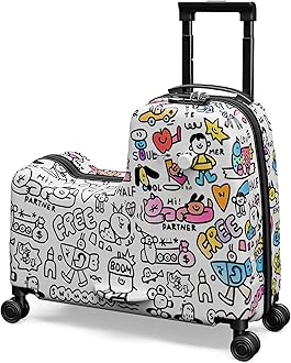 Apelila DIY Coloring Ride On Suitcase for Kids Ages 4-8, 22 Inch Graffiti Rolling Luggage with Spinner Wheels & Safety Belt, Lightweight Travel Checked Suitcase with Combination Lock