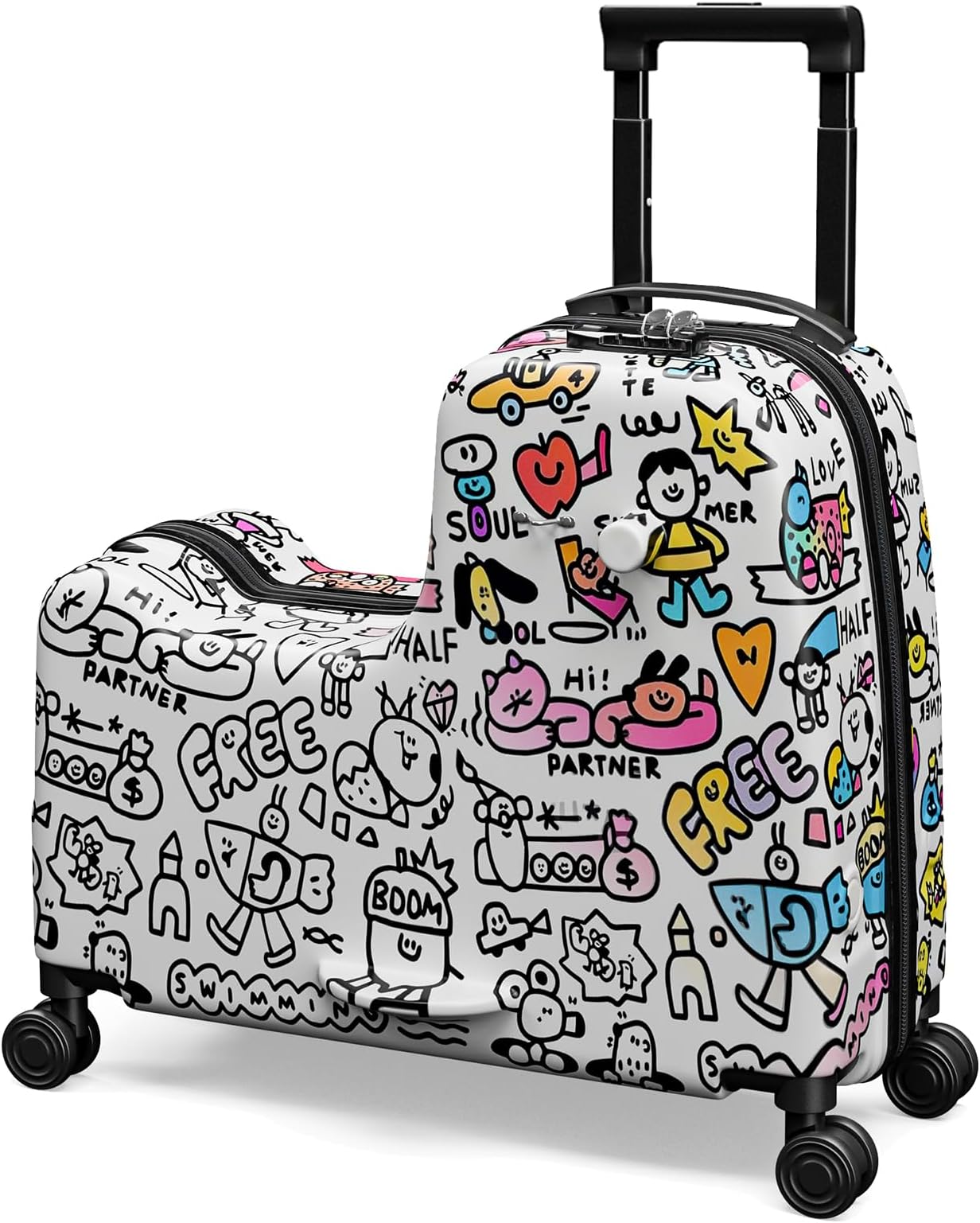 DIY Coloring Ride On Suitcase for Kids Ages 4-8, 22 Inch Graffiti Rolling Luggage with Spinner Wheels & Safety Belt, Lightweight Travel Checked Suitcase with Combination Lock