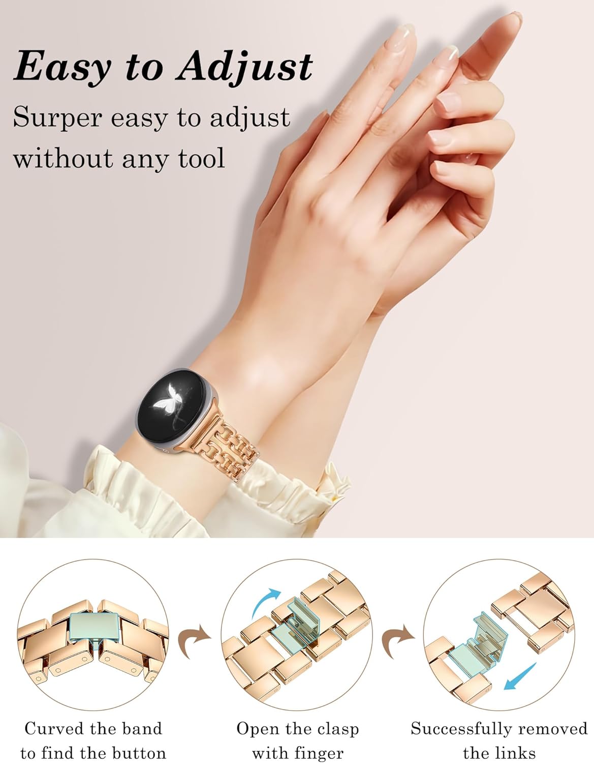 Wearlizer Metal Bands Compatible with Samsung Galaxy Watch 8 Band 40mm 44mm/Watch 8 Classic 46mm, No Gap Dressy Stainless Steel Chain Strap Wristbands Accessories for Women - Image 3