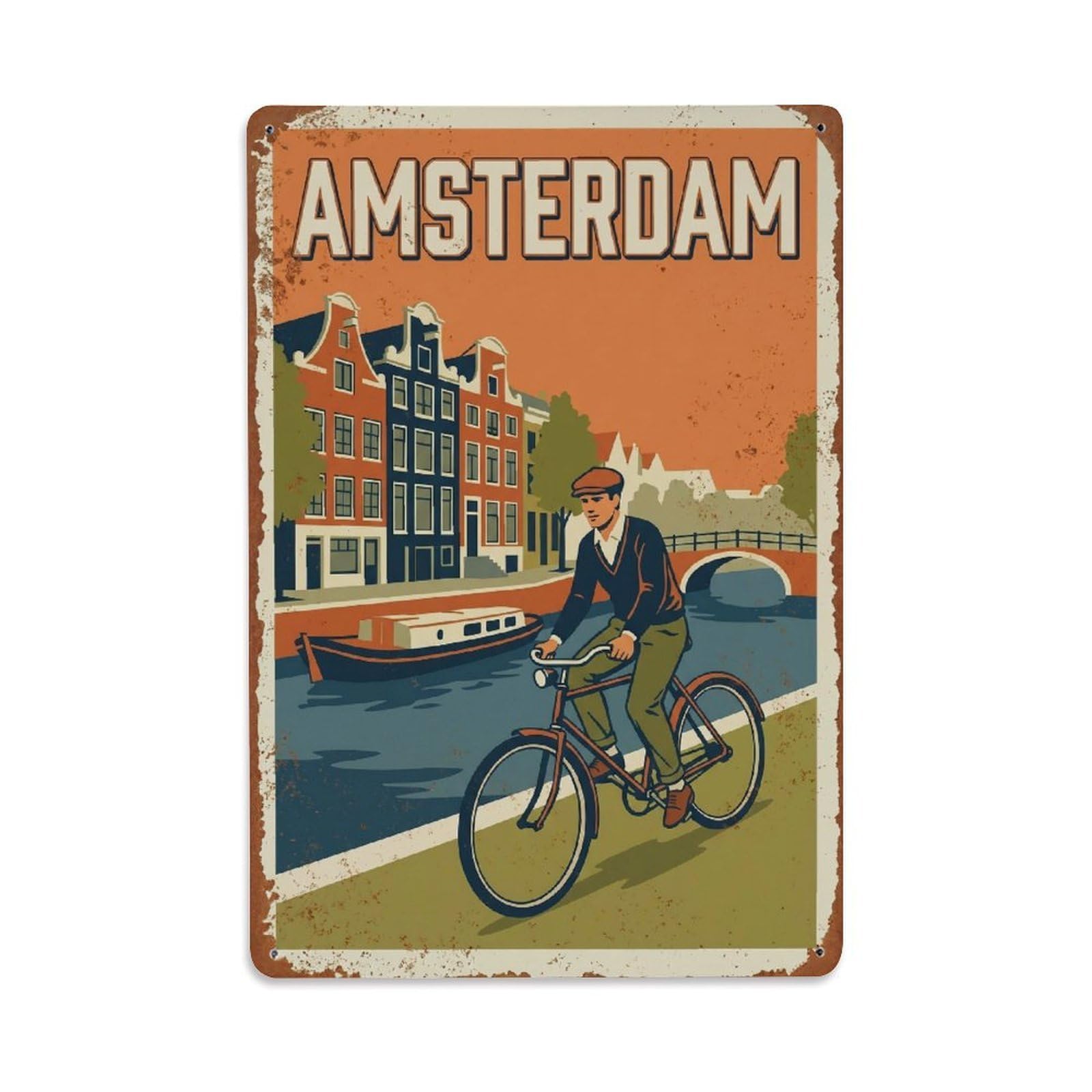 Okngb Style City Cyclist Urban Amsterdam Vintage Tourism Route Metal Tin Sign Plaque Wall Decor For Cafe, Man Cave, Club Bar, Office, Home Garden Round Metal Poster 8X12inch