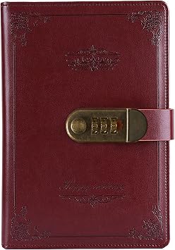 Retro Vintage PU Leather Password Notebook Writing Planner Organizer with Combination Lock, Password Lined Wire Binding Diary Personal Sketchbook with Pen Holder, A5 Size 215x150mm