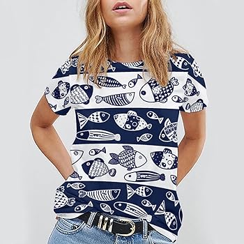 Amazon | [CONVOW] Tシャツ さかな まだら 魚柄 紺色 手描き