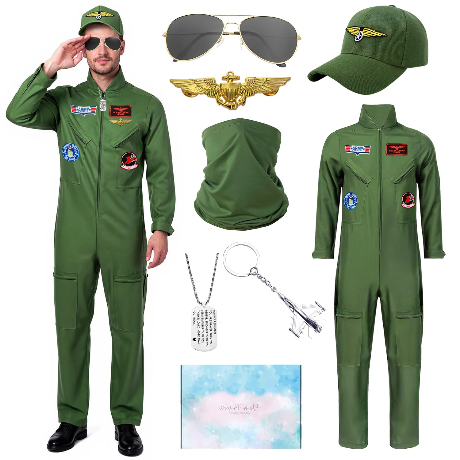 TOLOYE Pilot Costume Men, Pilot Costume Aviator with Pilots Hat Aviator Sunglasses Accessories