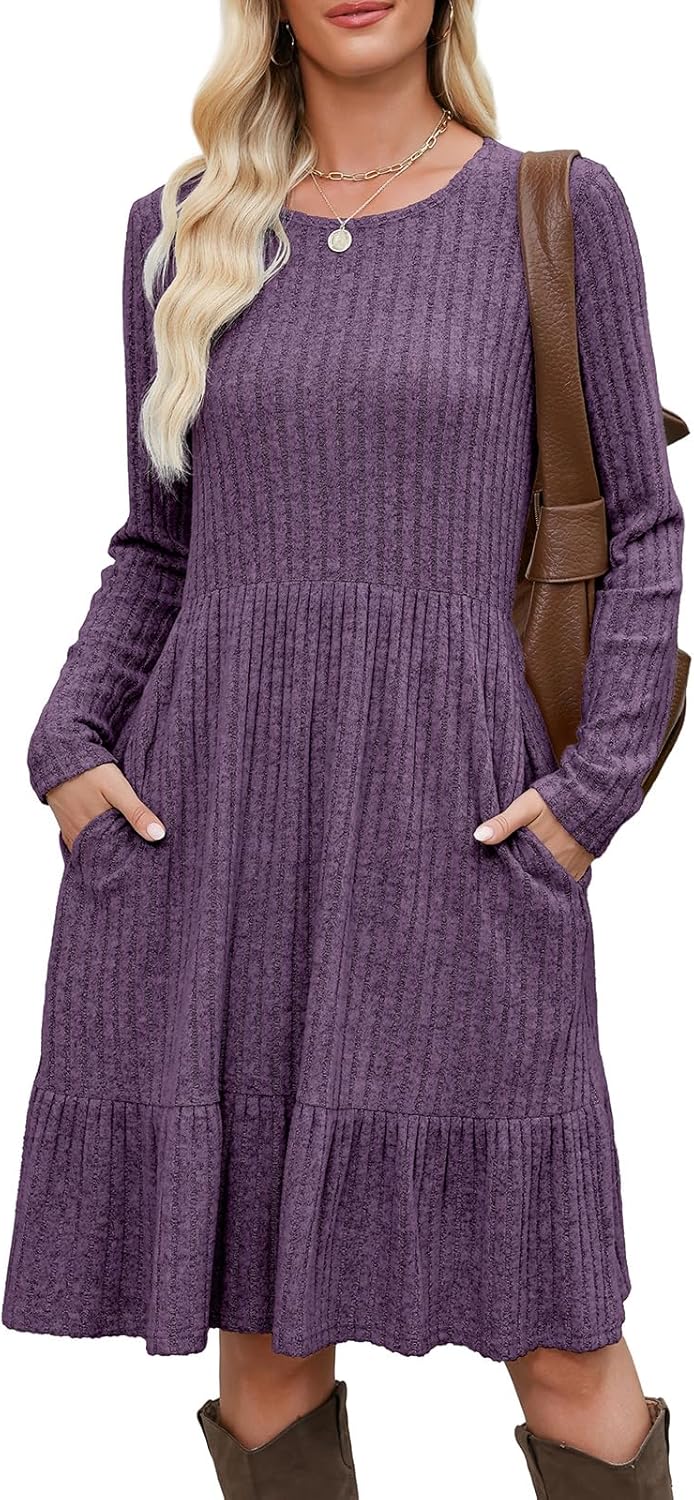 Berydress Fall Sweater Dresses for Women 2025 Long Sleeve Crewneck Flowy Babydoll Winter Casual Midi Dress with Pockets
