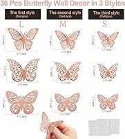 Vista 6 de 36 piezas de decoración de pared de mariposa, 3 estilos, 3 tamaños, mariposa de oro rosa 3D, decoración de boda y fiesta de cumpleaños, decoración