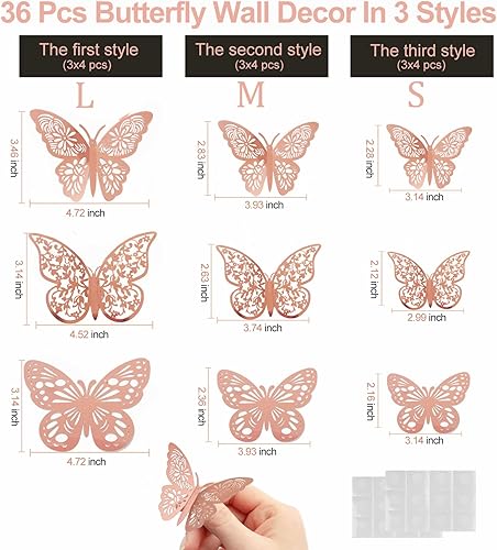 Miniatura 6 de 36 piezas de decoración de pared de mariposa, 3 estilos, 3 tamaños, mariposa de oro rosa 3D, decoración de boda y fiesta de cumpleaños, decoración