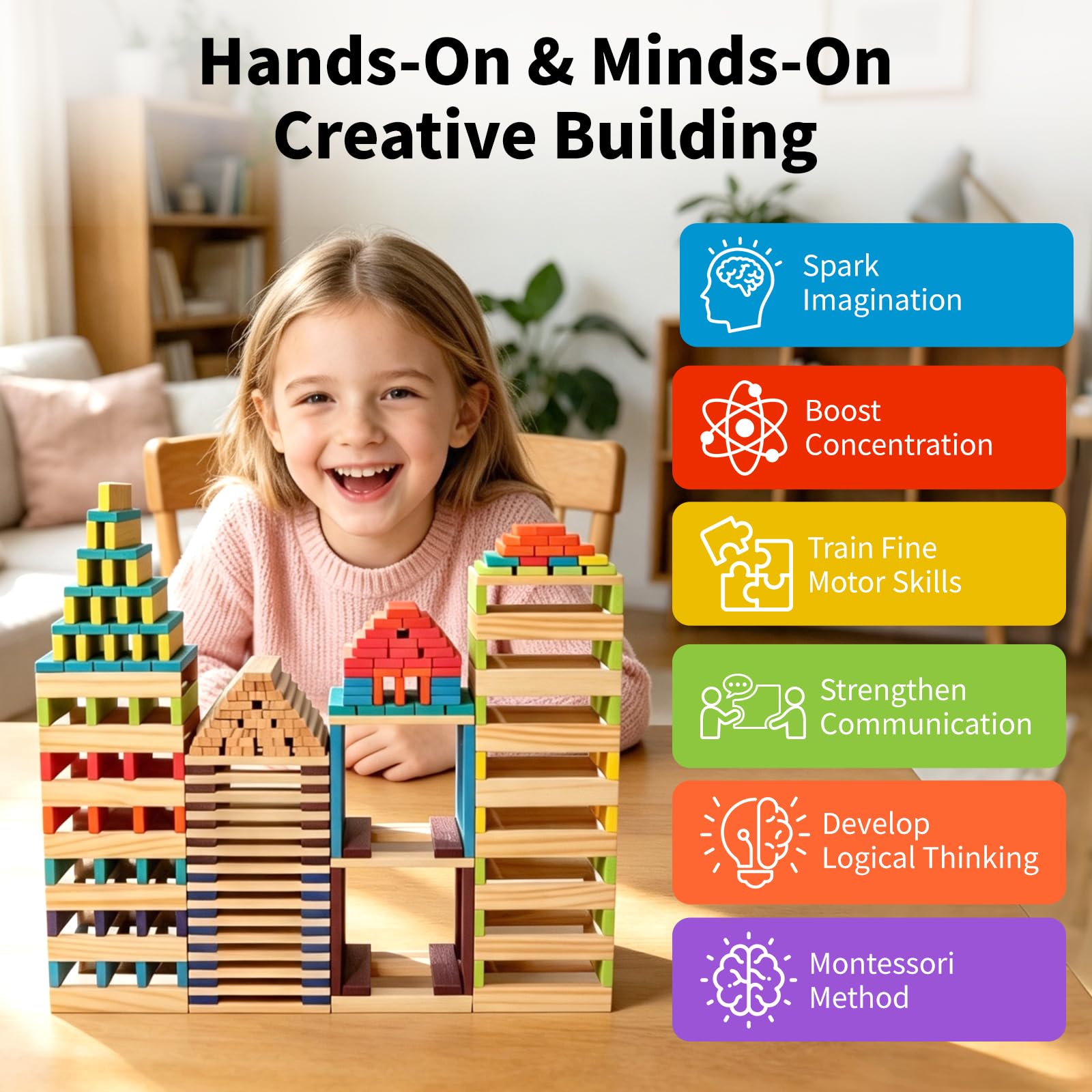 300 Stück Holzbausteine für Kinder ab 3 Jahr, Kreative Montessori STEM Bauklötze, Konstruktions-Holzspielzeug, Bildungs-Lernspielzeug, Festgeschenke für Jungen und Mädchen