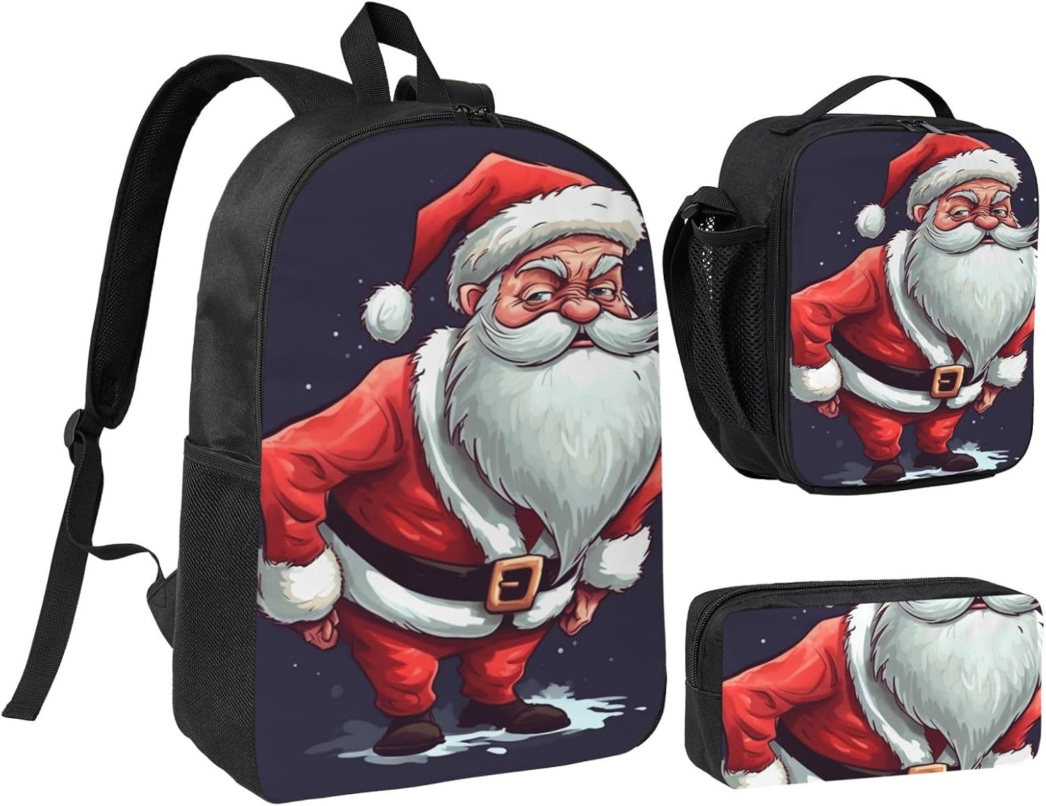 Funny Santa Claus Backpack Set 3 PCS - 17 Inch Laptop Backpack with Lunch Bag, Waterproof Daypack Insulated Lunch Box Large Capacity Coin Pouch Personalized Gift