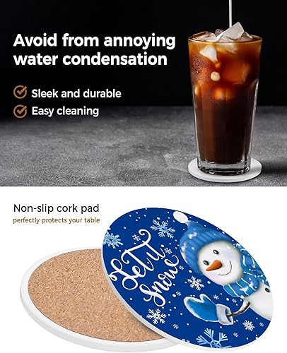 Miniatura 5 de Juego de 4 posavasos de Navidad para bebidas, juego de 4 con soporte, muñeco de nieve de Navidad, copos de nieve de invierno, tapete de cerámica