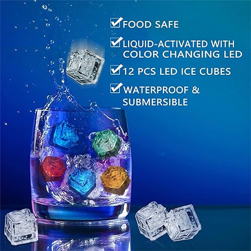 Miniatura 3 de ZWFDC Cubos de hielo iluminados para bebidas, cubos de hielo LED con luces de color cambiantes, recuerdos de fiesta, paquete de 12 cubos de hielo